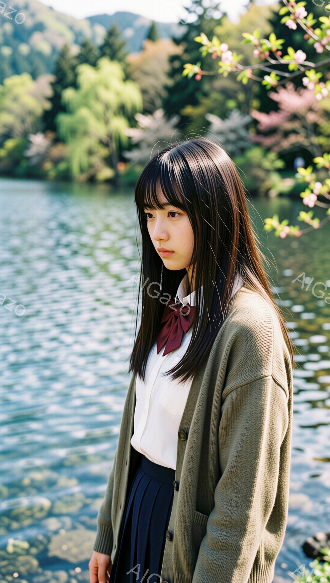 長い黒髪に前髪ぱっつんの女性が、白いシャツにカーディガン、プリーツスカートという制服のような服装をしている。彼女は湖のそばに立ち、少し憂いを帯びた表情で遠くを見つめている。背景には緑豊かな木々や桜の花 - AI生成フリー素材