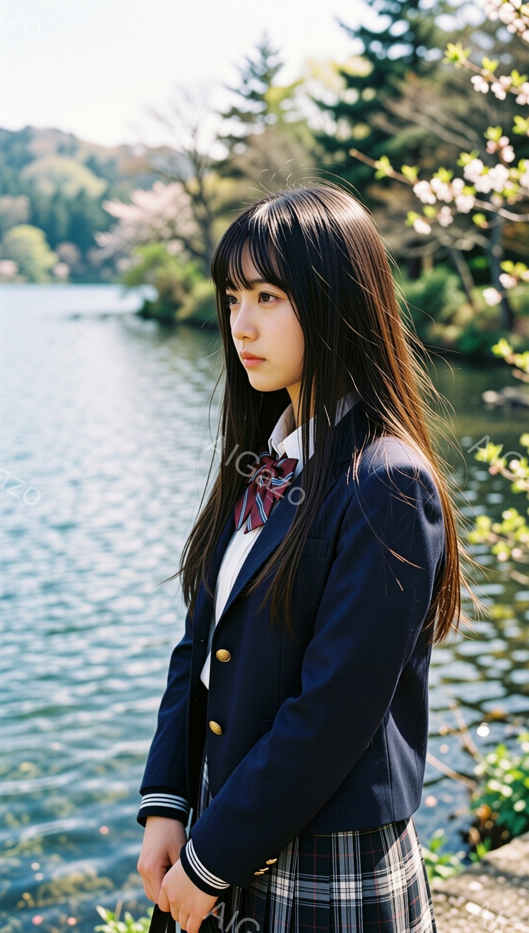 長い黒髪を肩まで伸ばした少女が、紺色のブレザーとチェック柄のスカートという制服を着ています。彼女は横を向き、少し憂いを帯びた表情で、まるで何かを考えているかのような姿勢です。背景には穏やかな湖と緑豊か - AI生成フリー素材