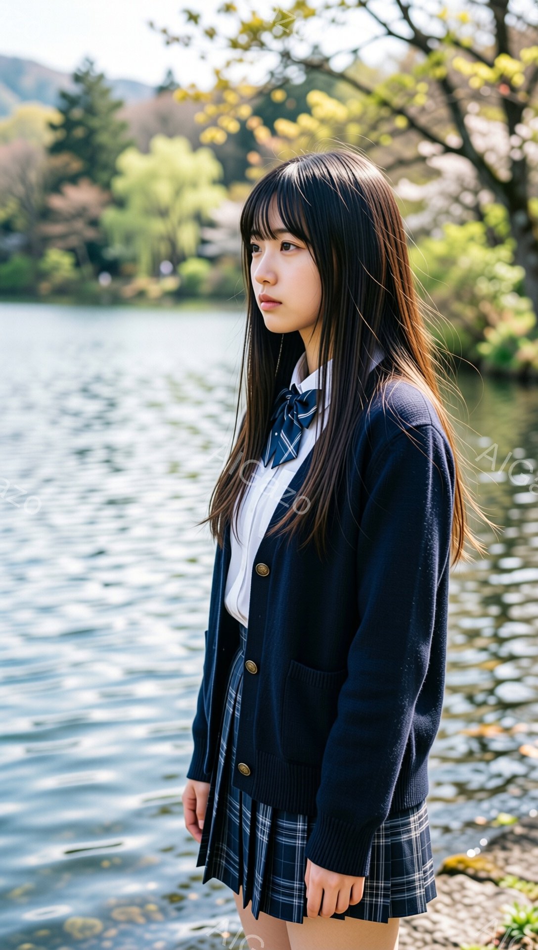 長い黒髪で、前髪は眉毛にかかるように切り揃えられた若い女性が写っている。紺色のカーディガン、白いシャツ、チェック柄のスカートという制服姿で、横顔をこちらに向けて少し憂いを帯びた表情をしている。背景には - AI生成フリー素材