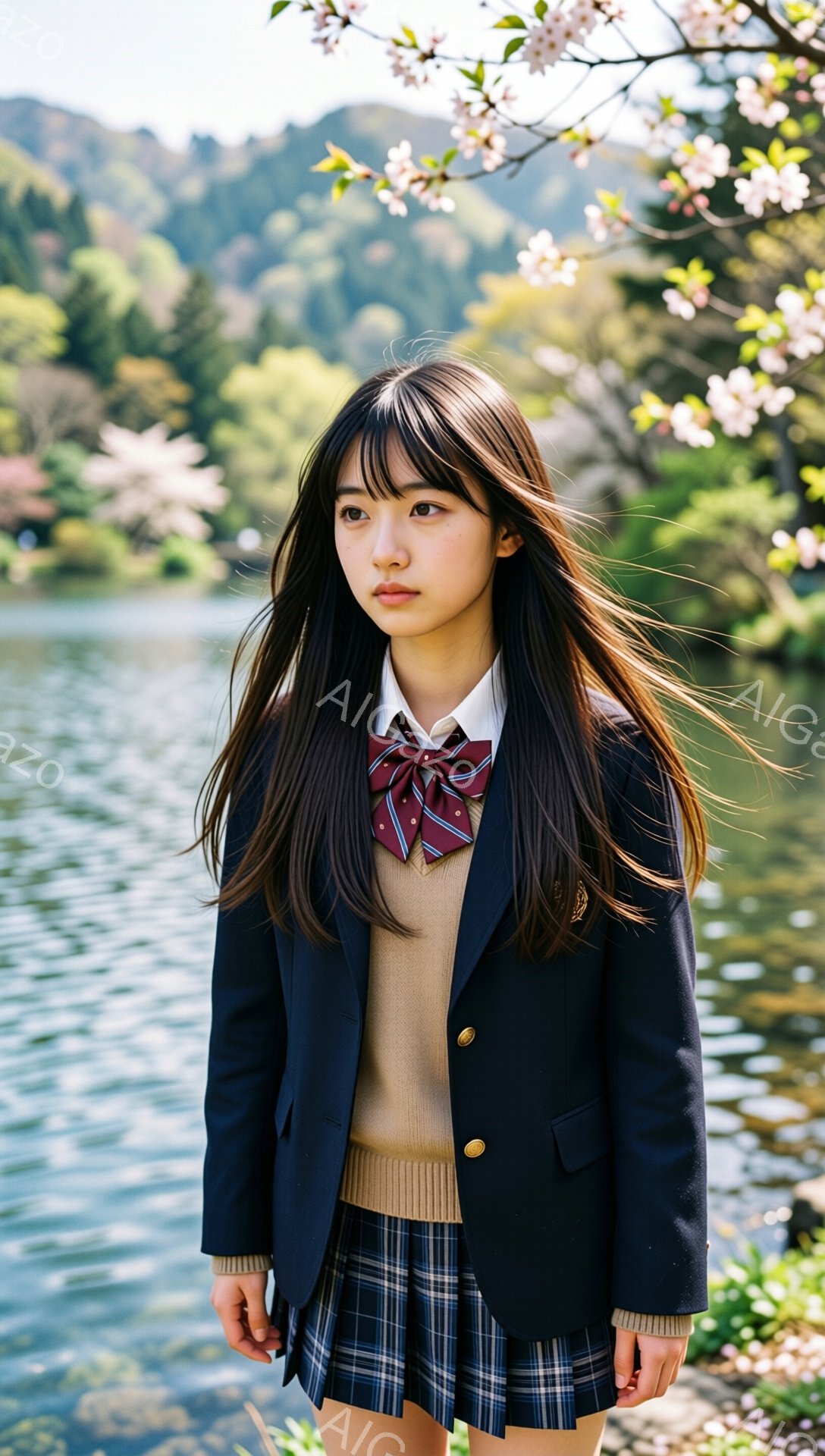 長い黒髪で、前髪は眉毛にかかるように切り揃えられた少女が写っている。紺色のブレザーにベージュのセーター、チェック柄のプリーツスカートを着用し、赤いリボンがアクセントになっている。背景には穏やかな湖と、桜の花が咲き誇る木々が見え、春の穏やかな雰囲気を醸し出している。