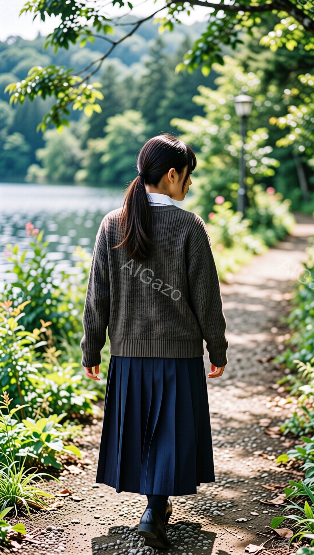 後ろ姿の女性が、緑豊かな自然の中に立っている。彼女は茶色のニットセーターと紺色のプリーツスカートを着用し、黒い靴を履いている。背景には木々が生い茂り、水面が見え、落ち着いた雰囲気が漂っている。
