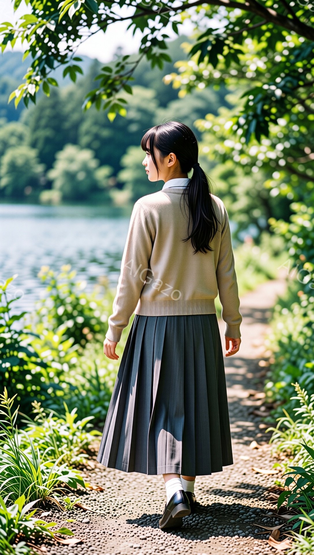長い黒髪をポニーテールにした若い女性が、緑豊かな自然の中を歩いている。ベージュのカーディガンとプリーツスカート、白いソックス、黒い靴という制服のような服装をしている。背景には、木々が生い茂る丘と、太陽光が反射する湖面が見え、穏やかで少し寂しげな雰囲気を醸し出している。