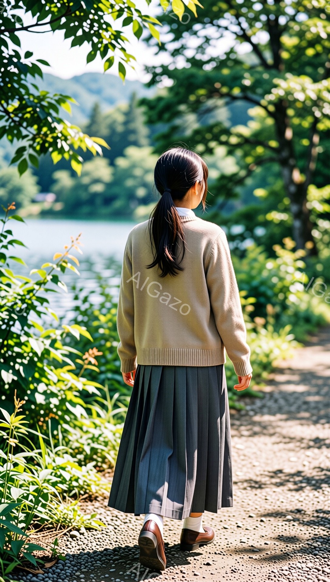 若い女性がグレーのプリーツスカートとベージュのセーターを着て、小道の中を歩いている。彼女は黒髪をポニーテールにし、茶色の靴を履いている。背景には緑豊かな木々と、水面が見える穏やかな自然が広がっており、全体的に静かで落ち着いた雰囲気が漂っている。