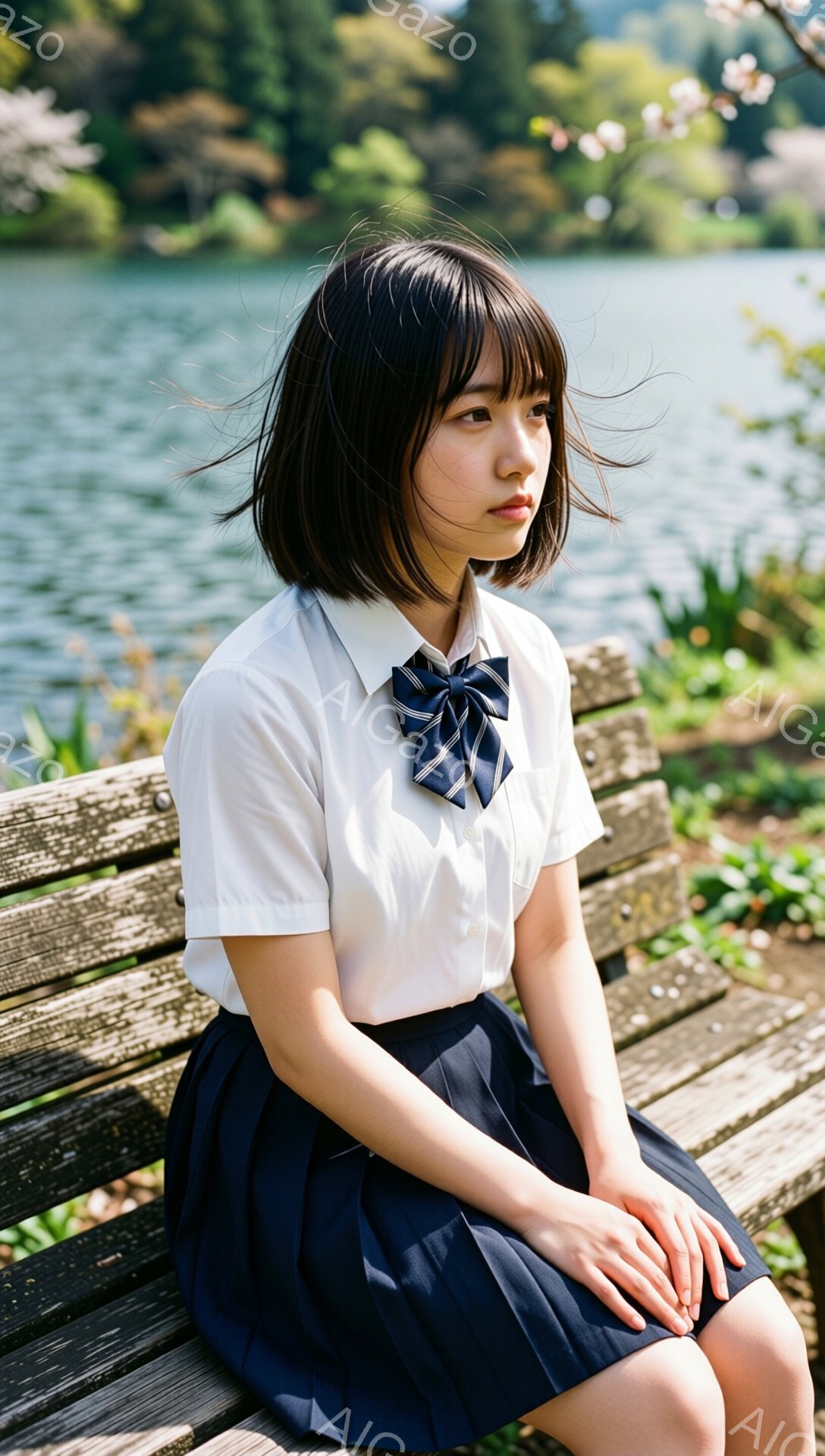 ショートカットの少女が、木製のベンチに座り、少し物憂げな表情で遠くを見つめている。白いシャツにネイビーの蝶ネクタイとプリーツスカートという制服姿で、春の穏やかな陽気の中、背景には水面と緑豊かな木々が広がる。全体的に静かで、少し寂しげな雰囲気が漂っている。