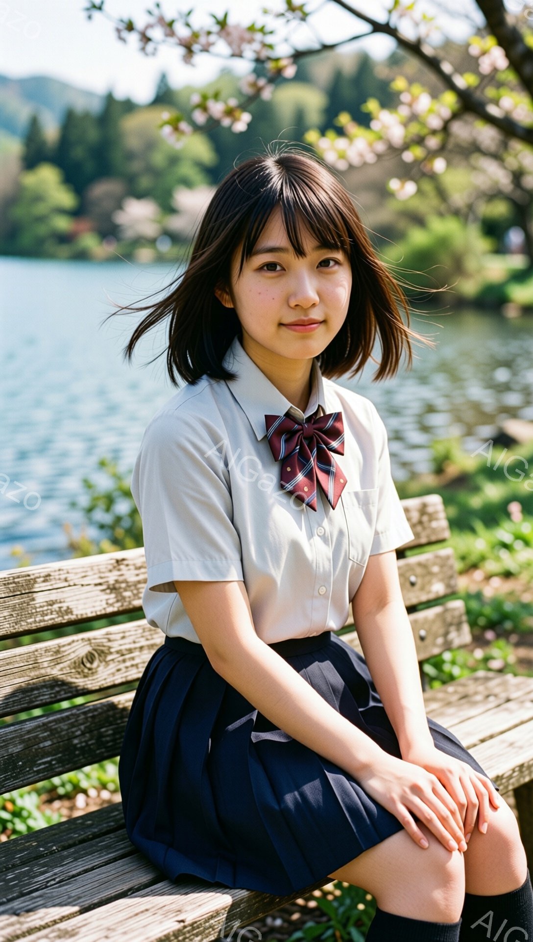 画像には、制服を着た若い女性が写っています。彼女はベージュ色のシャツに赤いチェック柄のリボン、濃い青色のプリーツスカートを着用し、黒いソックスを履いています。背景には穏やかな湖と、桜の花びらが舞う木々があり、春の穏やかな雰囲気を醸し出しています。