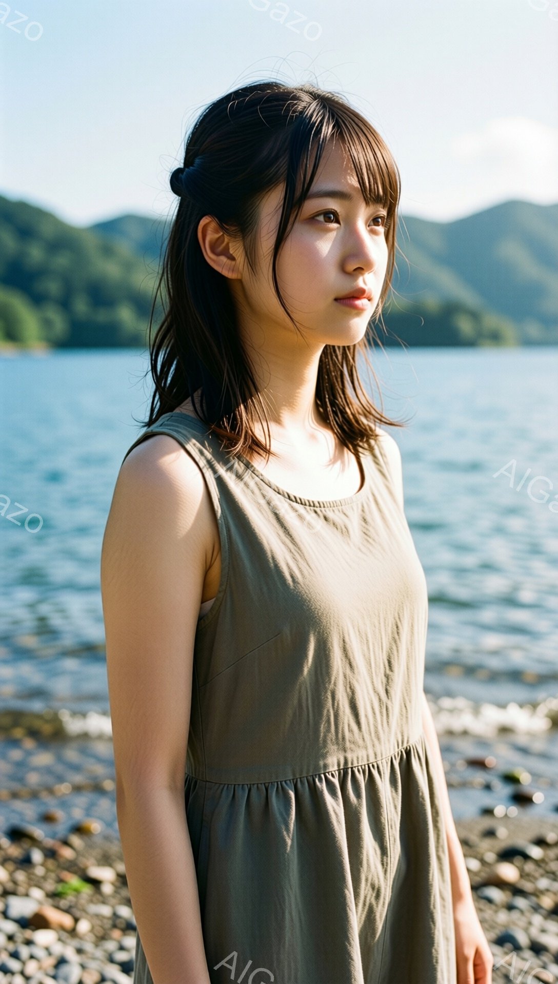 長い黒髪を耳にかける若い女性が、オリーブ色のノースリーブのワンピースを着て、湖のほとりに立っている。彼女は少し横を向き、穏やかな表情で遠くを見つめている。背景には緑豊かな山々と水面が広がり、晴れた空の下、穏やかで自然な雰囲気が漂っている。