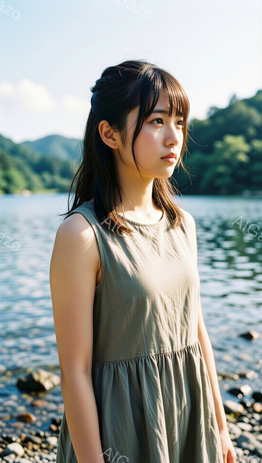 画像には、浅い緑色のゆったりとしたワンピースを着た若い女性が写っています。彼女は黒髪で前髪が目に少しかかり、横を向いて遠くを見つめており、表情は穏やかで物憂げです。背景には水面が広がり、遠くには緑豊か - AI生成フリー素材