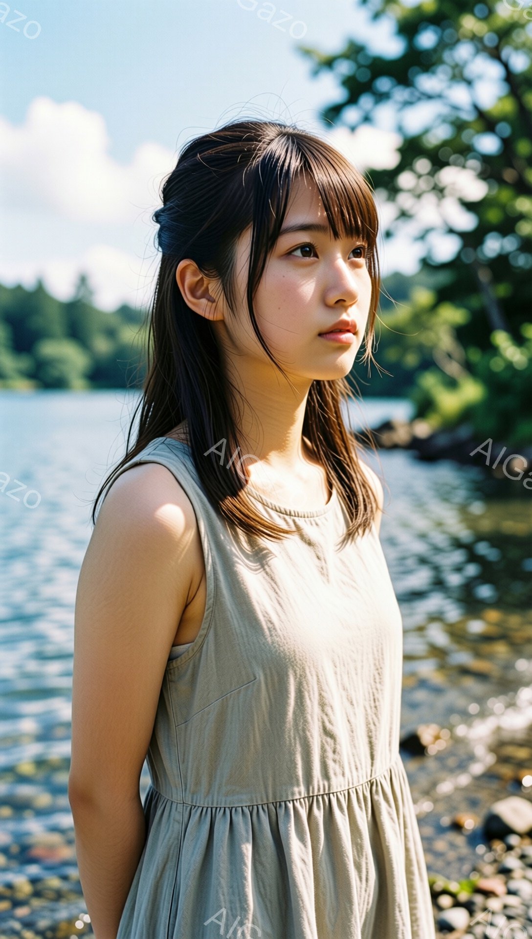 浅い緑色のノースリーブワンピースを着た若い女性が、水辺を横向きに立っている。彼女は黒髪で、前髪が眉毛にかかるようにカットされている。背景には、緑豊かな木々と穏やかな水面が広がり、全体的に柔らかく静謐な雰囲気を醸し出している。