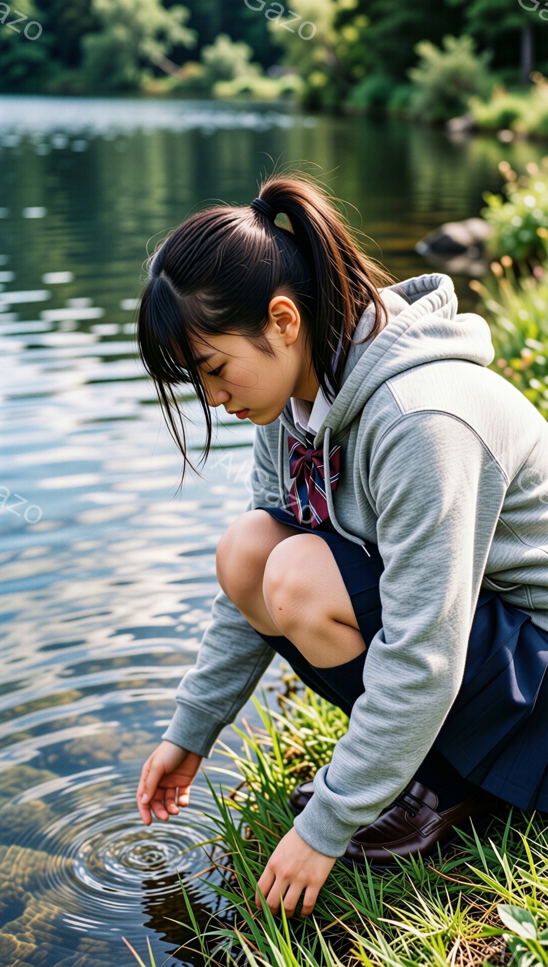 制服姿の少女が、膝を曲げて水面に手を伸ばしている。彼女はグレーのパーカーと紺色のプリーツスカートを着用し、茶色の髪をポニーテールにしている。背景には緑豊かな草地と穏やかな水面が広がり、晴れた日の穏やかな雰囲気が漂っている。