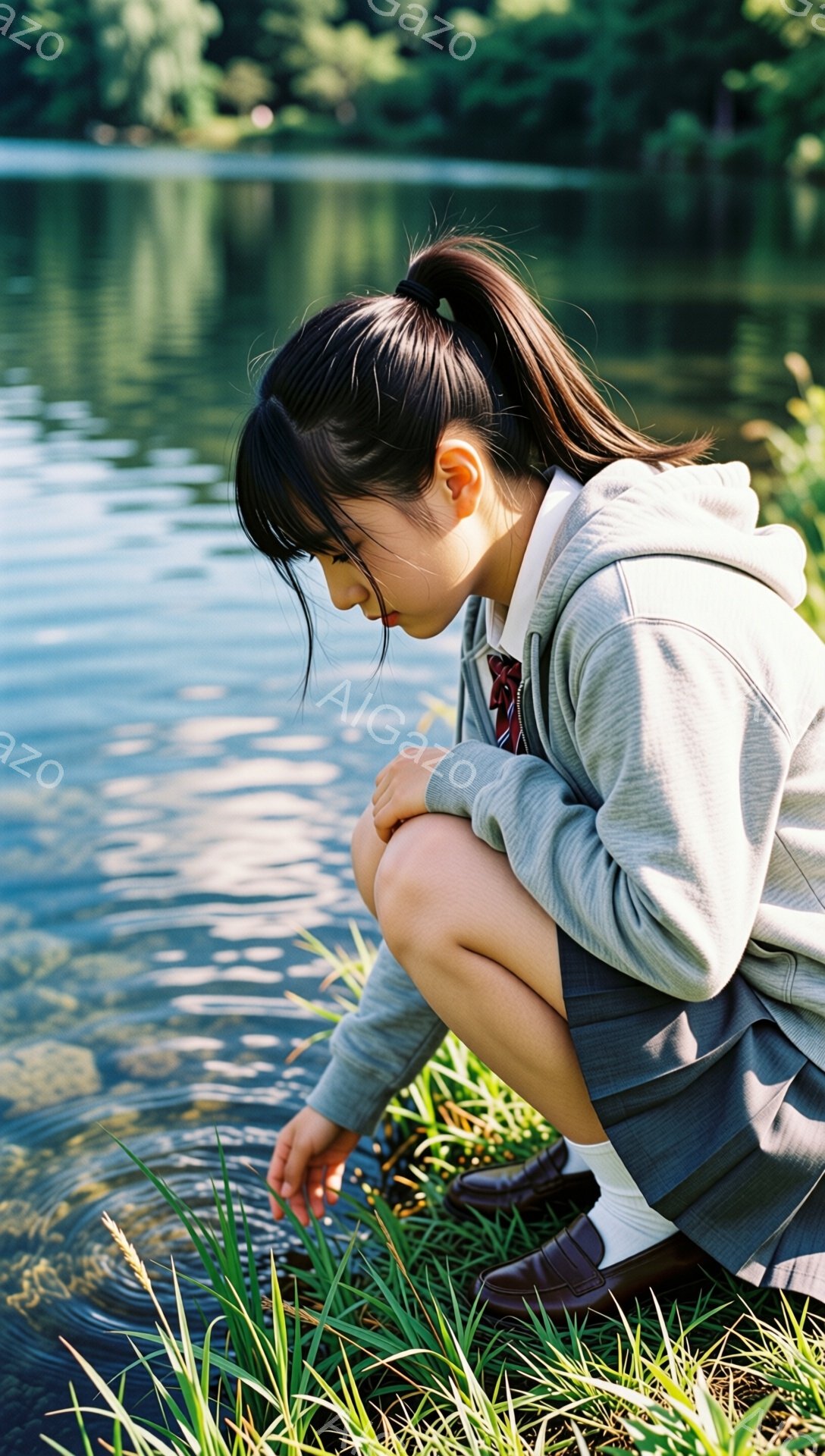 少女は制服姿で、湖のほとりに膝をついて何かを見つめている。紺色のセーラー服にグレーのパーカー、そして茶色のローファーを履いている彼女は、長い髪を後ろで一つに結んでいる。背景には緑豊かな草地と木々が広がり、穏やかな雰囲気の中で、少女は静かに自然と触れ合っている。