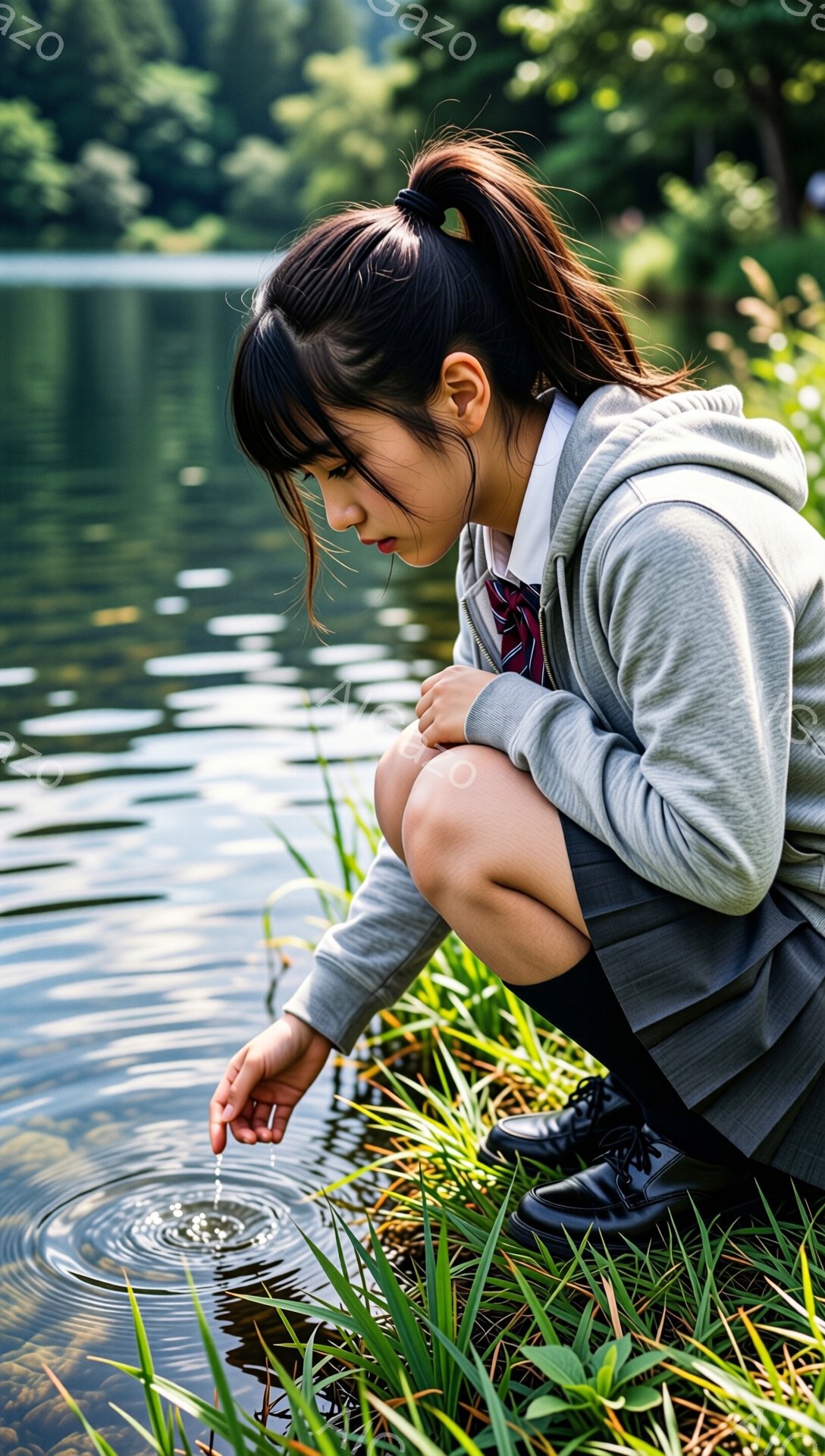 少女は、制服姿で水辺に膝をつき、何かを水面に落としています。黒髪をポニーテールにし、少し伏し目がちで集中した表情をしています。背景には緑豊かな草木と水面が広がり、穏やかで静かな雰囲気が漂っています。
