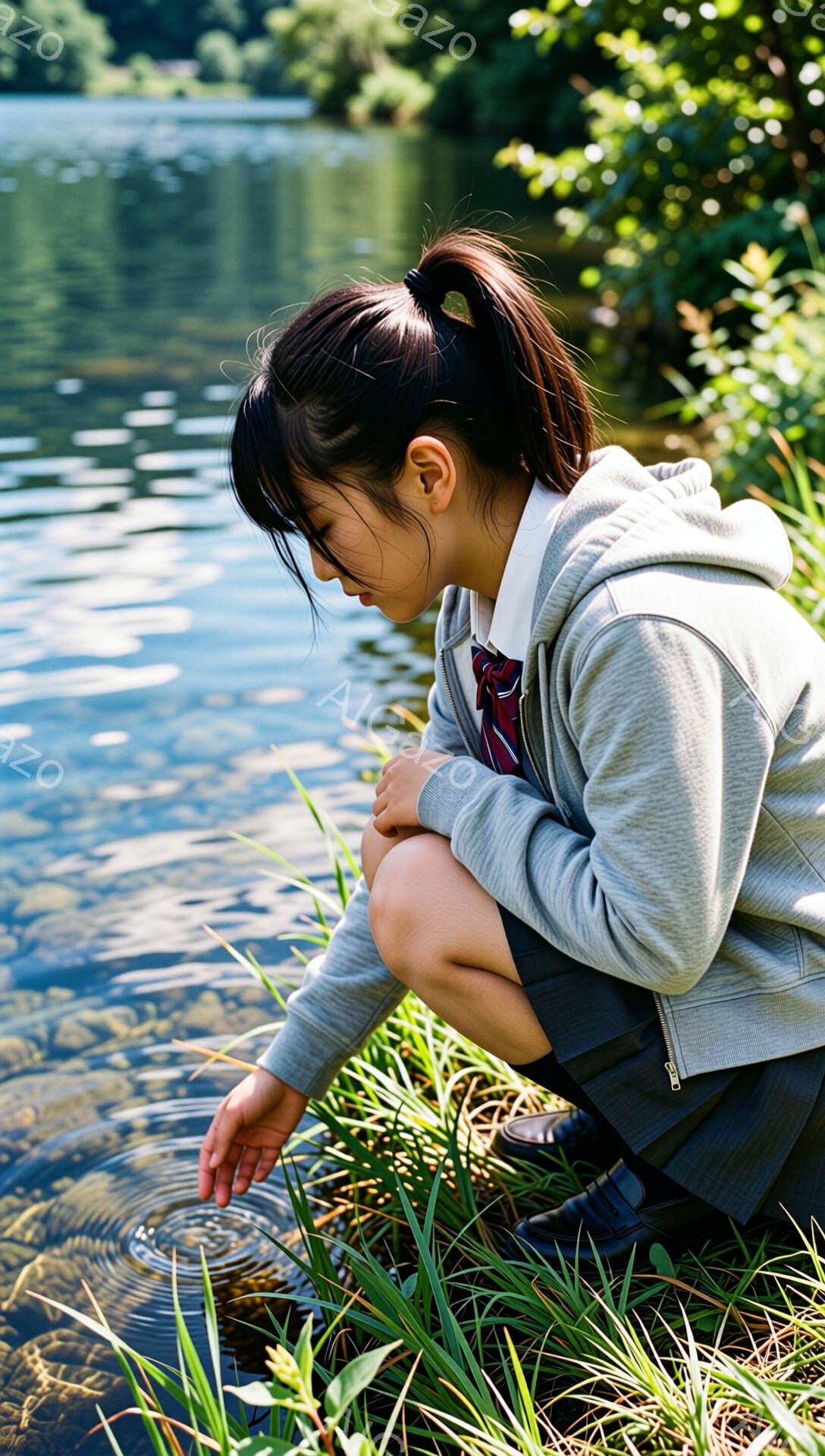 茶髪をポニーテールにした少女が、水辺の草むらに膝をついて何かを見つめている。グレーのパーカーとスカート、黒い靴を履いており、制服姿であることがわかる。背景には水面が光り、緑豊かな木々が広がり、晴れた日の穏やかな自然の雰囲気が漂っている。
