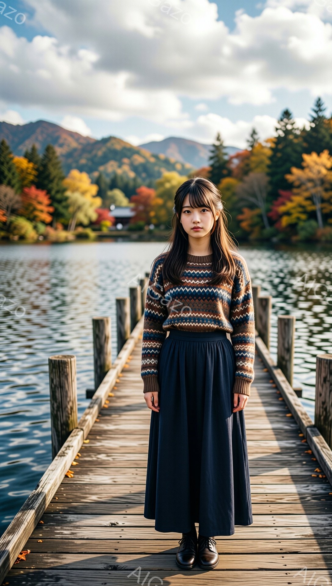 長い前髪とゆるいウェーブのかかった髪の女性が、桟橋の上に立っている。彼女は、茶色とネイビーの幾何学模様のセーターと濃い紺色のフレアスカート、黒い靴を履いている。背景には、紅葉した山々と穏やかな湖が広がり、秋の静かで美しい風景が広がっている。