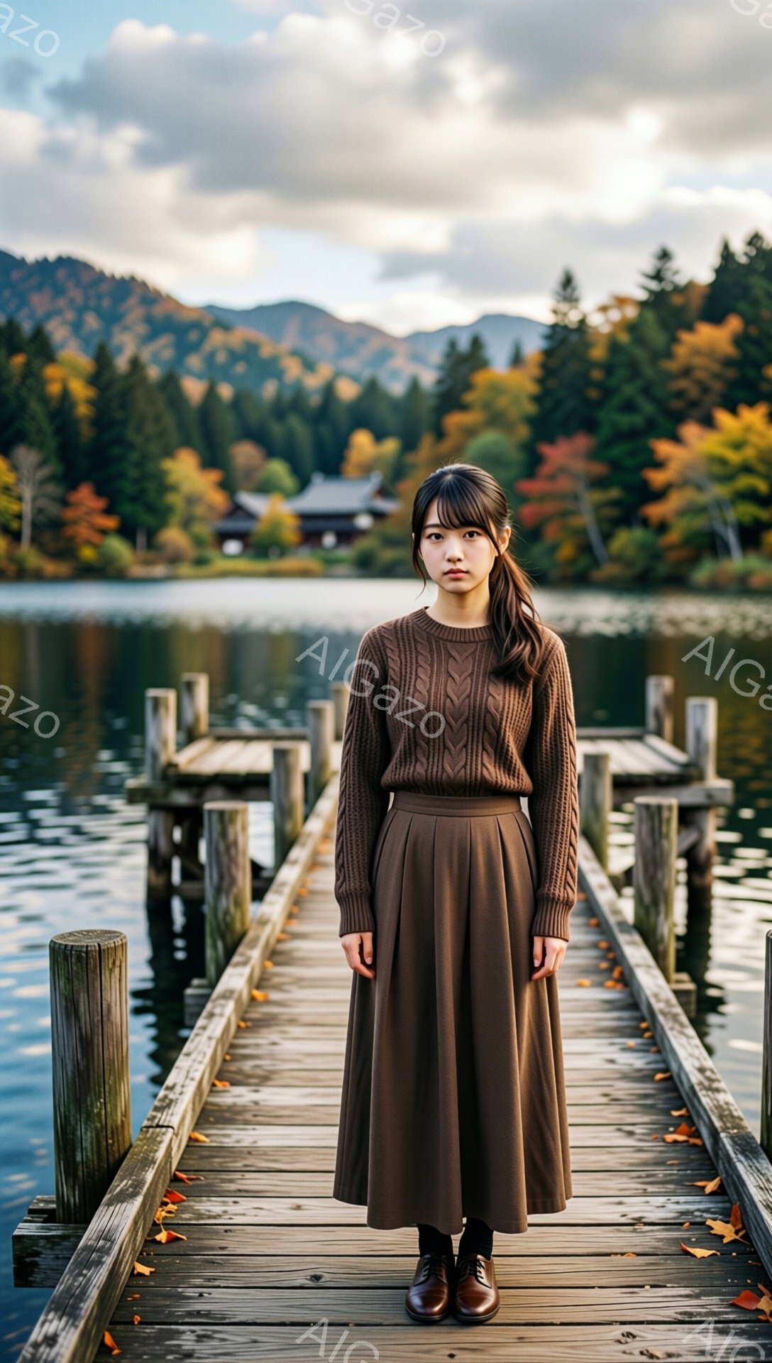 茶色いケーブルニットセーターと、同じく茶色のフレアスカートを身につけた女性が、桟橋の上に立っている。彼女は黒髪で、前髪を少し長めに残し、後ろでポニーテールにしている。背景には、秋の紅葉に染まった山々と湖、そしてその先に小さく見える建物が見え、全体的に落ち着いた雰囲気である。