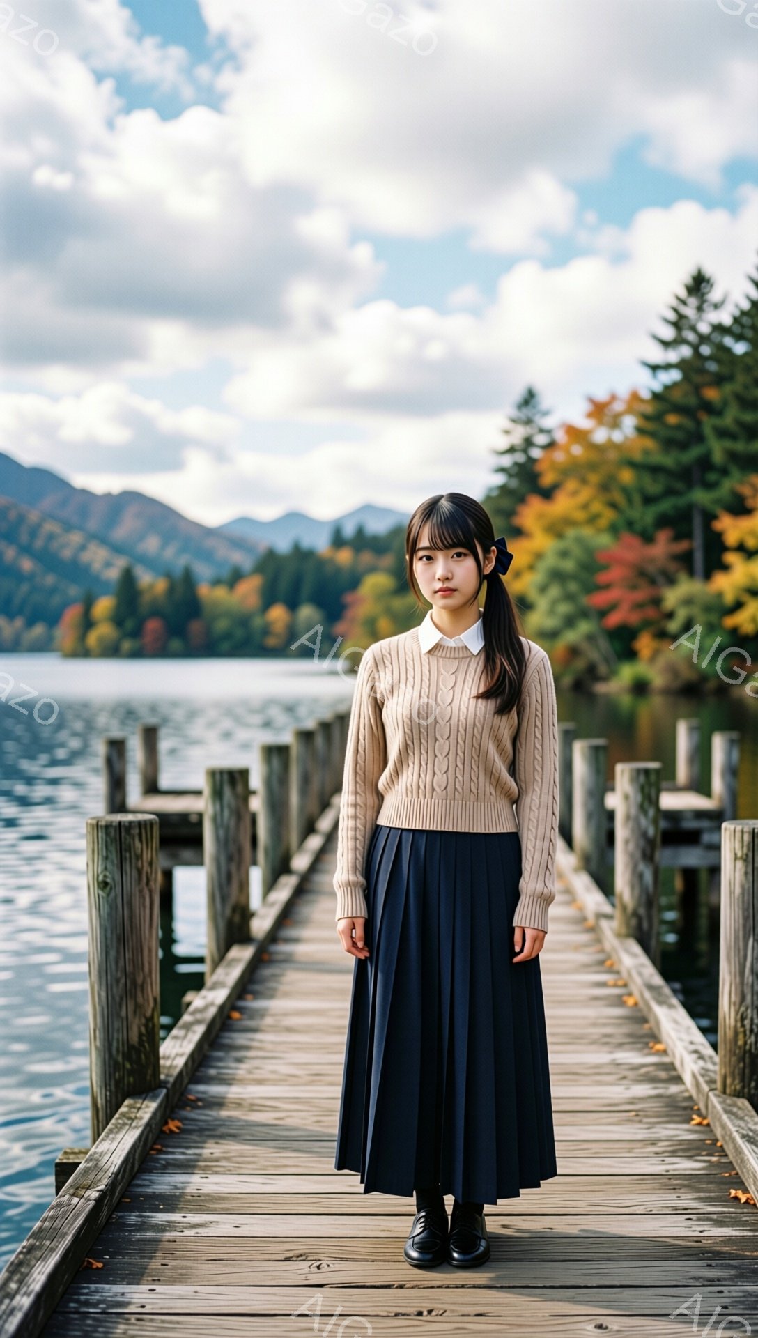 長い黒髪を後ろで一つに結び、ベージュのケーブルニットセーターとプリーツスカートを身に着けた若い女性が、湖に続く木製の桟橋の上に立っている。彼女は正面を向き、落ち着いた表情で、黒い靴を履いている。背景に - AI生成フリー素材