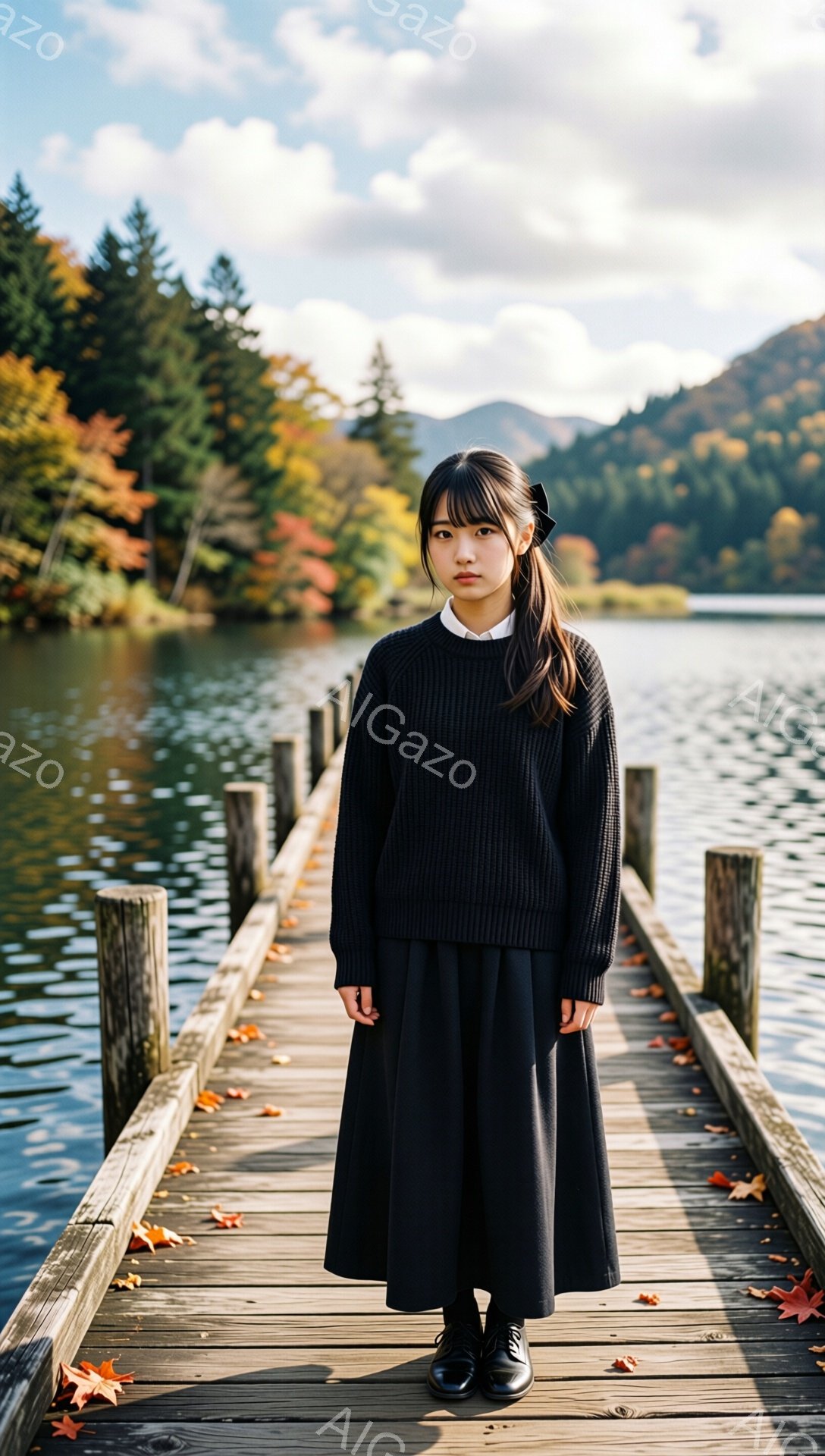 黒いセーターとプリーツスカートを身につけた若い女性が、桟橋の上に立っている。彼女は長い黒髪を後ろで一つにまとめ、落ち着いた表情で正面を見ている。背景には、秋の色づいた山々と穏やかな湖が広がり、秋の静かで美しい風景が印象的だ。