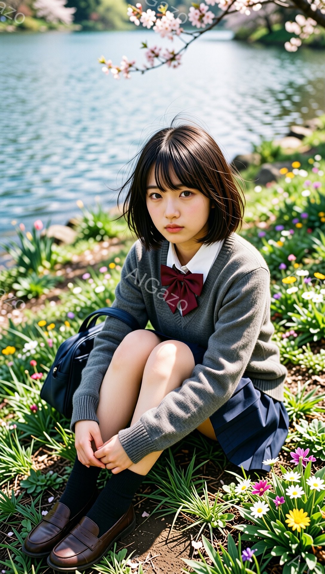 短い黒髪で前髪ぱっつんの女性が、セーラー服風の制服を着て、花畑の中にしゃがみ込んでいる。彼女は膝を抱え、少し憂いを含んだ表情でこちらを見ている。背景には水面が広がり、桜の枝が一部見え、春の穏やかな雰囲気が漂っている。