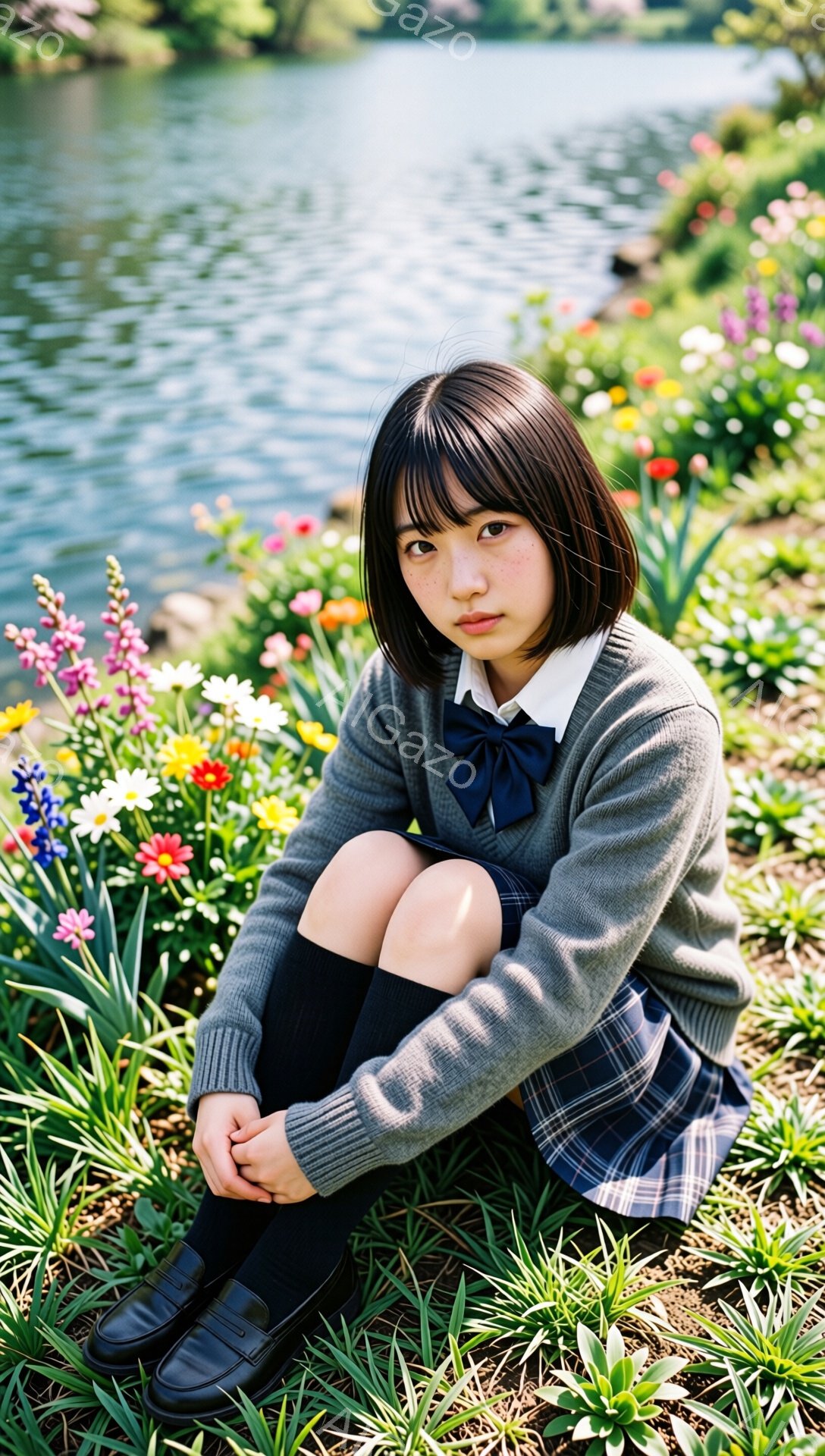 短い黒髪の少女が、色とりどりの花壇に囲まれながら、膝を抱えて座っている。グレーのセーターにチェック柄のスカート、黒い靴下と靴を履き、制服のような服装をしている。背景には水面が輝く湖が広がり、春らしい穏やかな雰囲気を醸し出している。