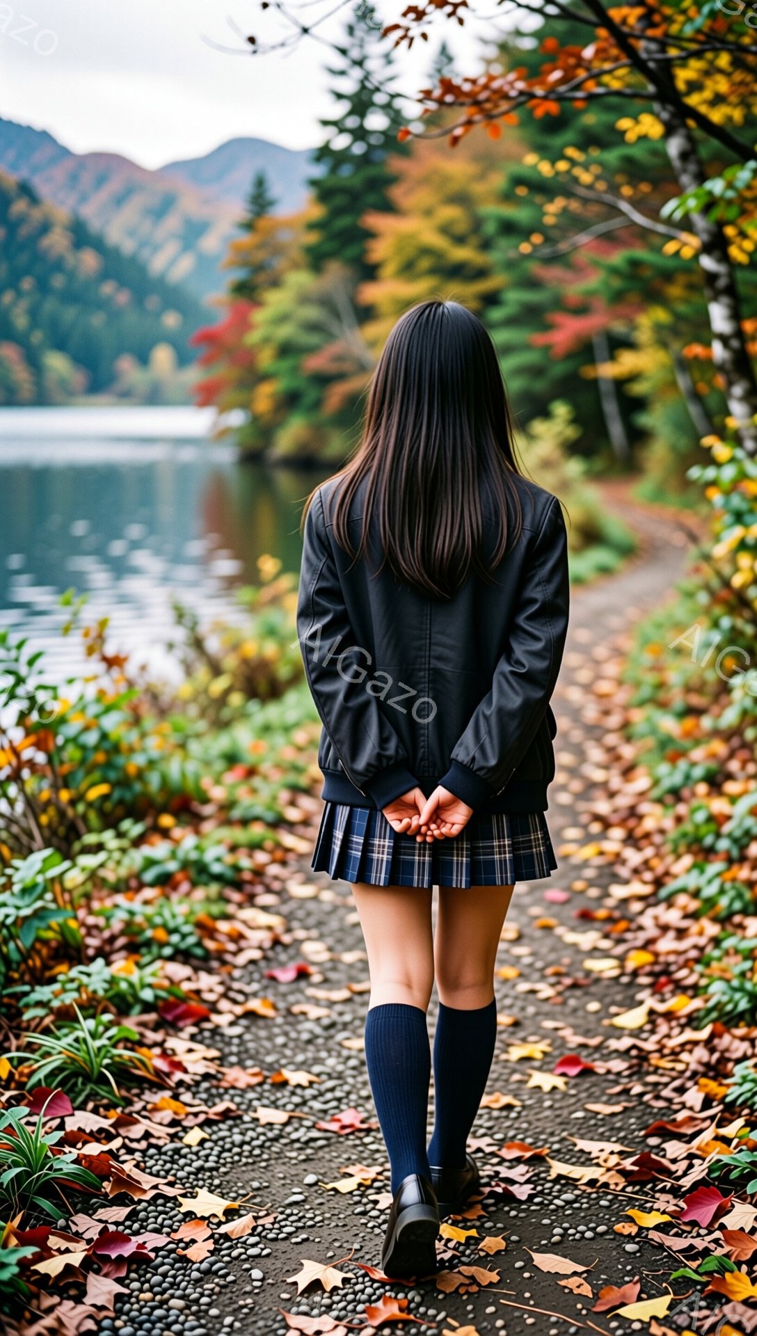 長い黒髪の女性が、秋の紅葉が美しい道を行っている後ろ姿が描かれている。紺色のブレザーとチェックのプリーツスカート、濃い青色のニーハイソックス、黒の靴を着用しており、学生服姿である。背景には緑豊かな山々と湖が広がり、落葉が敷き詰められた道と鮮やかな紅葉が秋の寂しさと美しさを表現している。