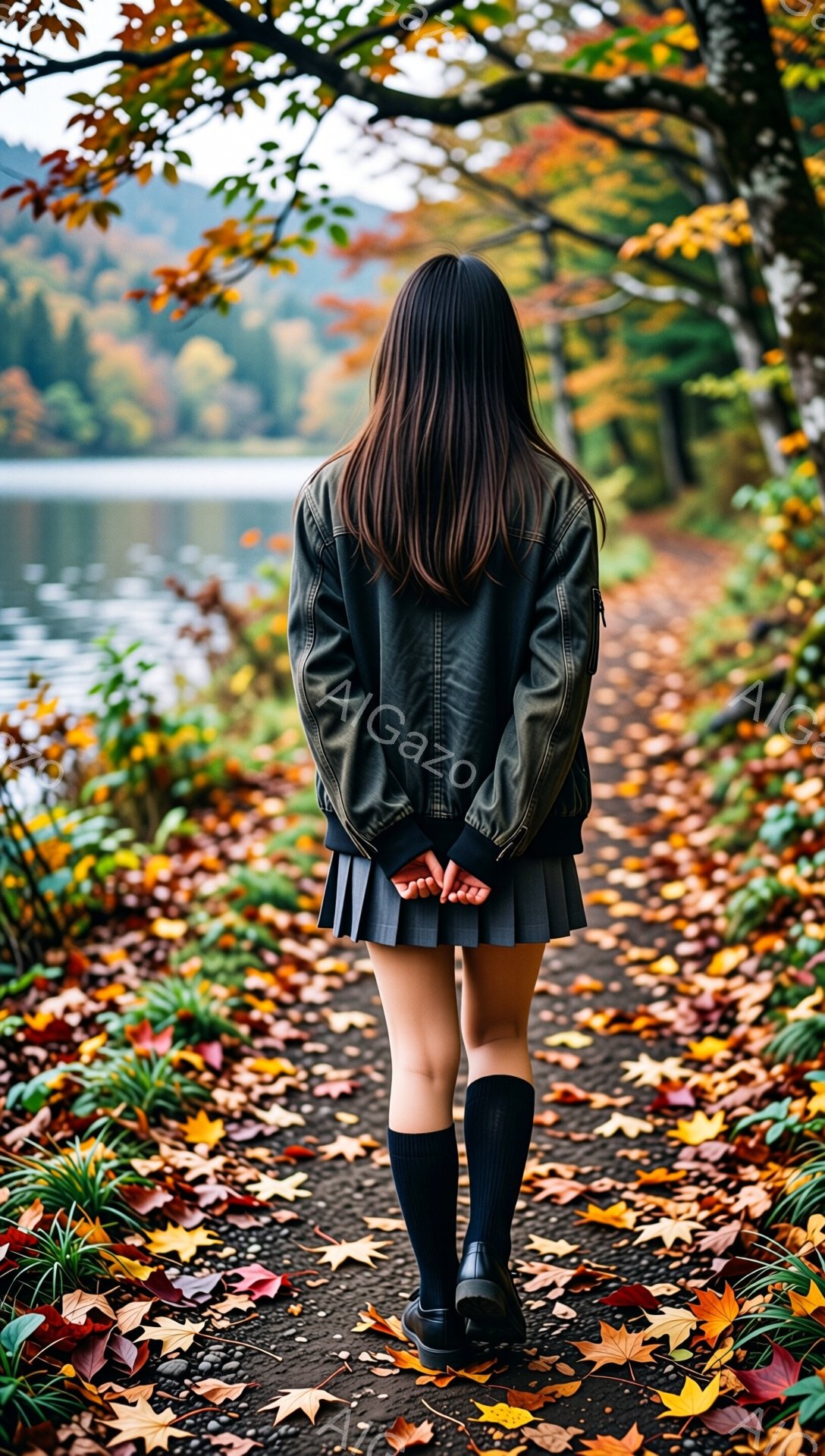 長い黒髪の女性が、落ち葉で覆われた小道を背にして立っている。彼女は黒いジャケットとグレーのプリーツスカート、黒いニーハイソックス、黒い靴を身に着けており、両手を後ろで組んでいる。背景には、秋の色鮮やかな木々と、穏やかな湖が広がっており、物静かで少し寂しげな雰囲気が漂っている。