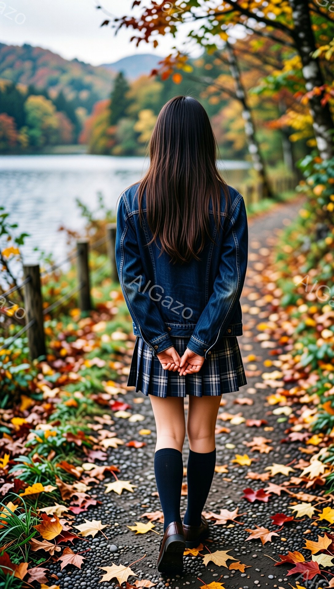 長い黒髪を背中に垂らした女性が、チェック柄のスカートと紺色の膝下ソックス、茶色の靴を履いている。彼女は青いデニムジャケットを着ており、両手を背中に組んで砂利道の上を歩いている。背景には湖と鮮やかな紅葉 - AI生成フリー素材