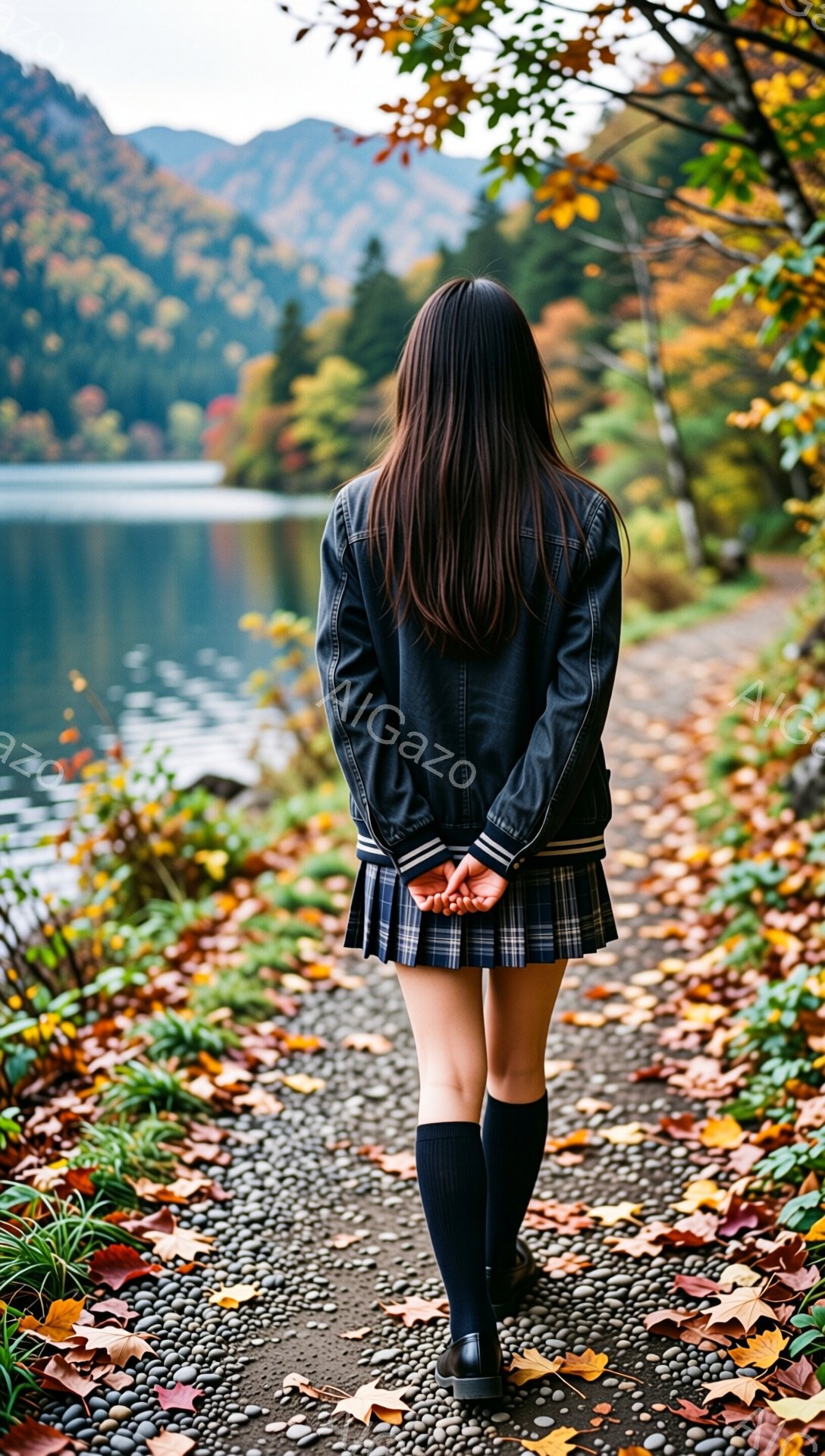 黒髪の少女が、チェック柄のスカートと黒いニーハイソックスを履き、黒いジャケットを着ています。彼女は背を向けて小道を進んでおり、秋の紅葉に囲まれた湖のそばを歩いています。背景には山々と鮮やかな紅葉が広がり、穏やかで物憂げな雰囲気を醸し出しています。