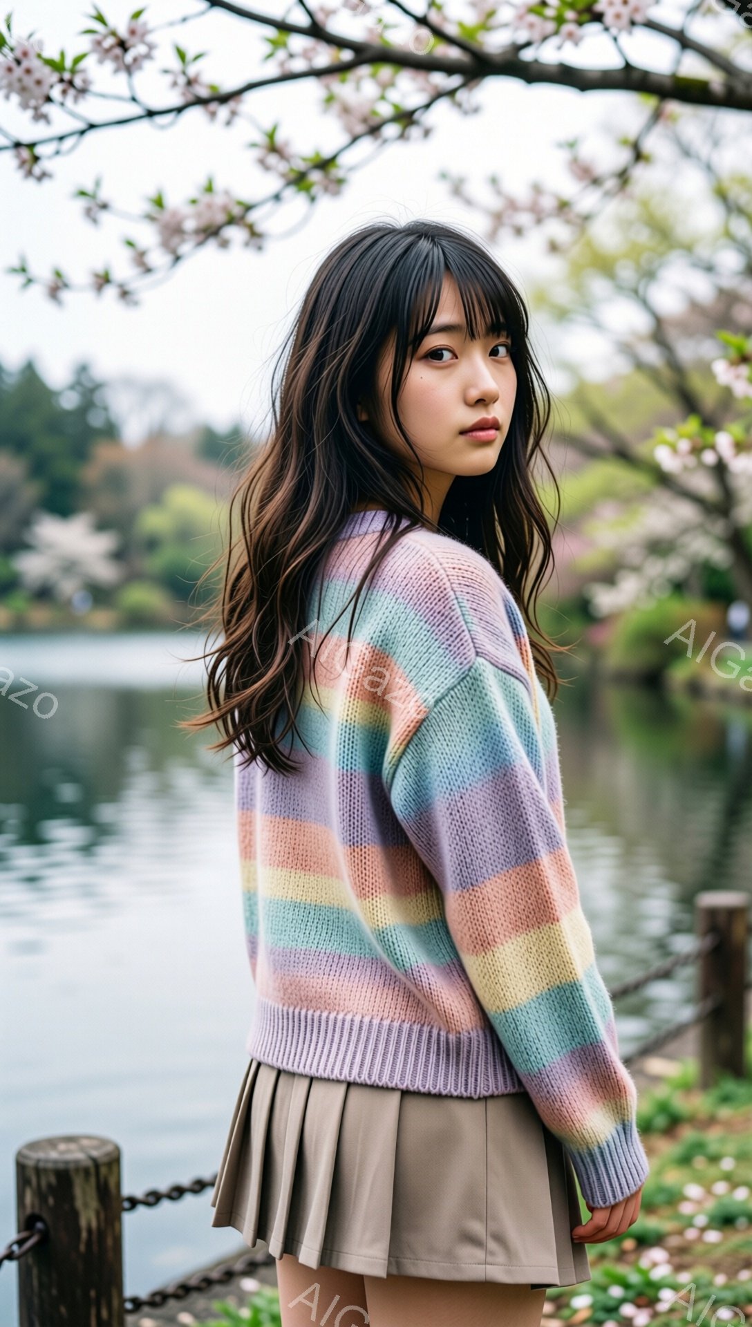 長い黒髪を肩から背中に垂らした若い女性が、ストライプ模様のパステルカラーのカーディガンと茶色のプリーツスカートを身につけて立っている。彼女は少し振り返り、憂いを帯びた表情でカメラを見つめている。背景に - AI生成フリー素材