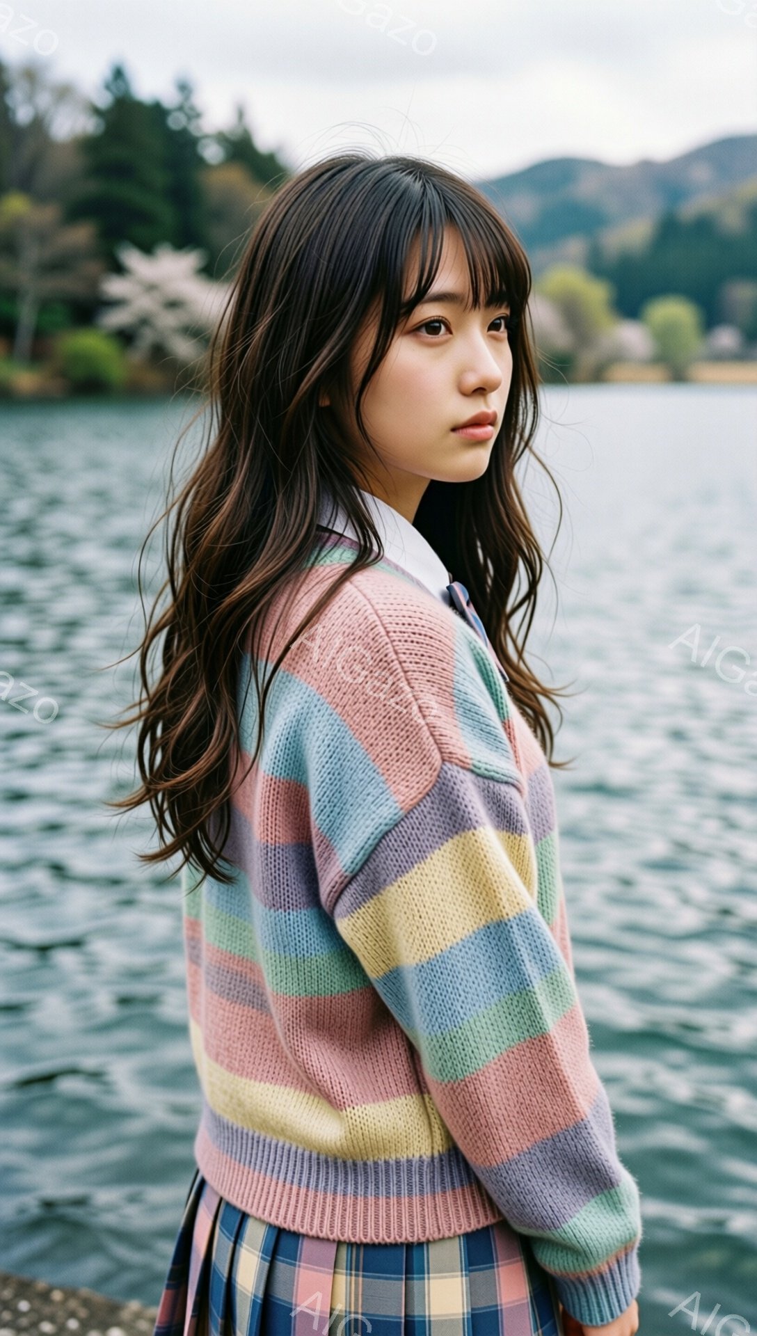 長い黒髪の女性が、ピンク、水色、黄色などのパステルカラーのボーダーニットセーターとチェック柄のスカートを身に着けています。彼女は少し振り返ってこちらを見ており、憂いを帯びた表情をしています。背景には穏 - AI生成フリー素材