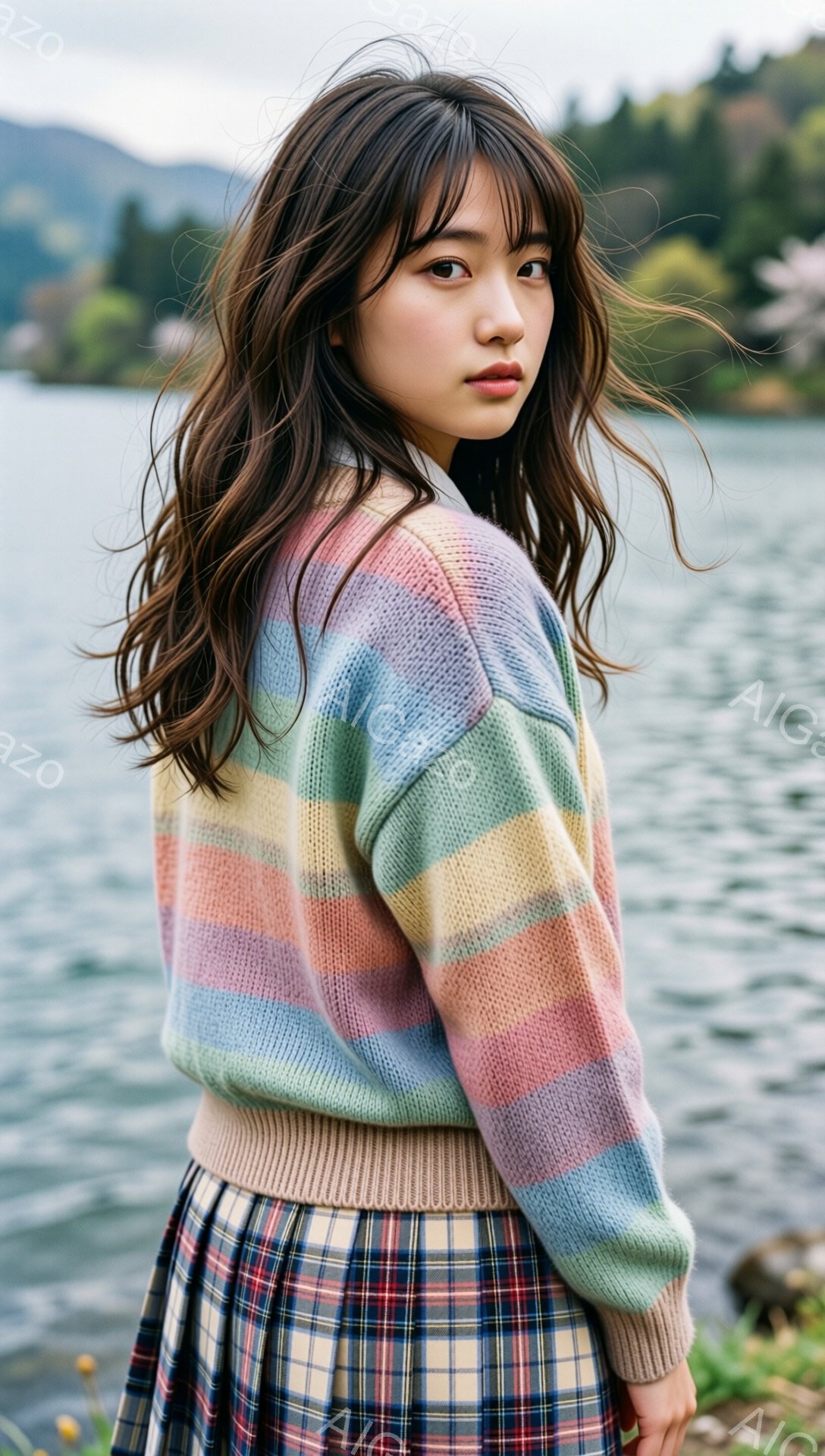 若い女性が、パステルカラーのストライプセーターとチェック柄のスカートを着ています。彼女は少し振り返り、憂いを帯びた表情でカメラを見ています。背景には穏やかな湖と緑豊かな山々が広がり、全体的に静かで穏や - AI生成フリー素材