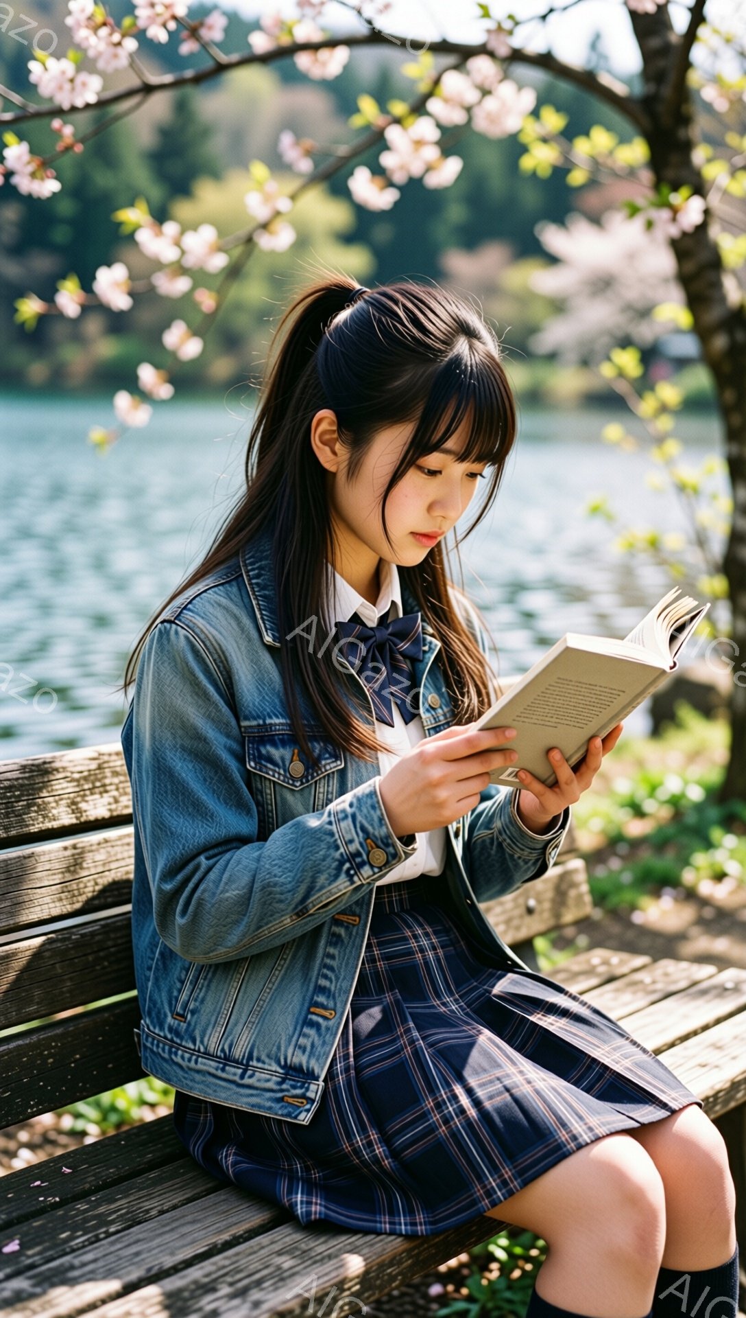 若い女性が公園のベンチに座り、本を読んでいる。彼女はチェック柄のスカートとデニムジャケット、白いブラウスを着ており、黒髪を肩まで伸ばしたヘアスタイルにしている。背景には穏やかな湖と桜の花びらが舞い散る - AI生成フリー素材