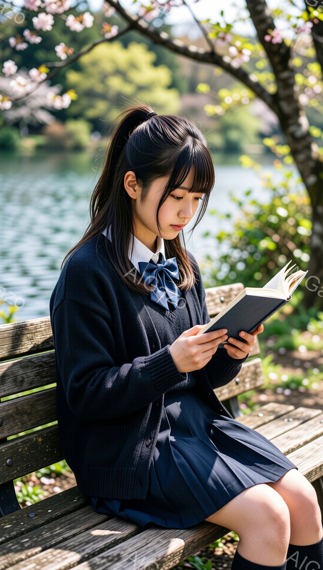 制服を着た若い女性が木製のベンチに座り、本を読んでいます。彼女は紺色のカーディガン、プリーツスカート、リボン付きの白いシャツを着ており、黒髪をセンターパートにして背中に結んでいます。背景には穏やかな湖と桜の木があり、春の穏やかな日差しが降り注いでいます。