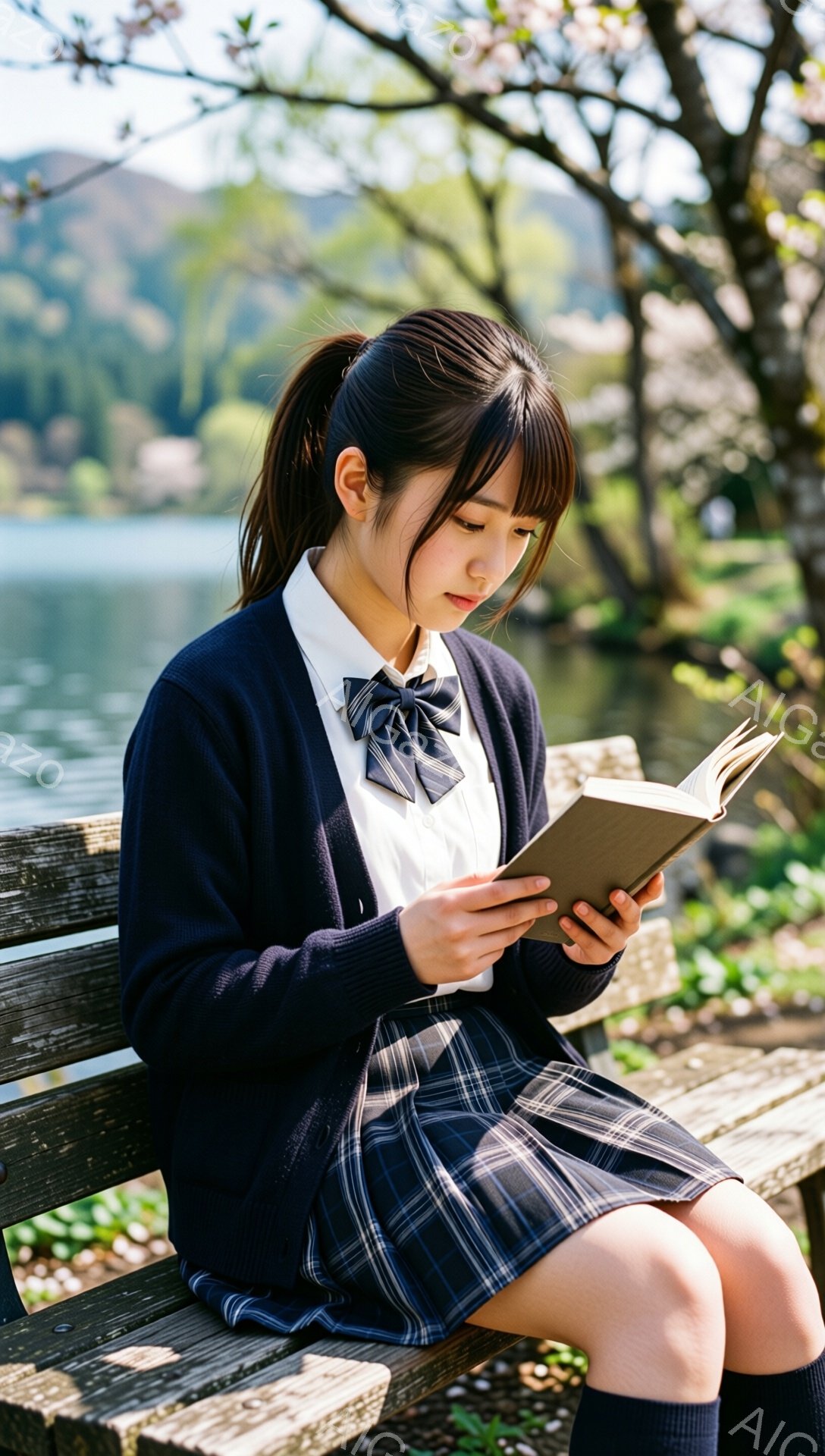制服を着た若い女性がベンチに座って本を読んでいます。彼女は濃い青のカーディガン、白いシャツにチェック柄のスカート、膝丈のソックスを着用し、髪は後ろでポニーテールにまとめています。背景には穏やかな湖と桜 - AI生成フリー素材