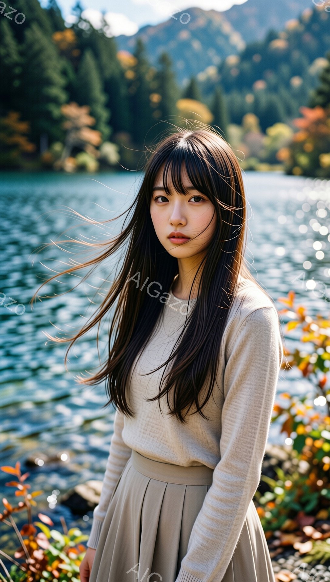 長い黒髪をなびかせた若い女性が写っている。ベージュのセーターとスカートを着用し、少し憂いを帯びた表情で正面を見ている。背景には湖と、秋の紅葉が美しい山々が広がり、穏やかで物憂げな雰囲気を醸し出している - AI生成フリー素材