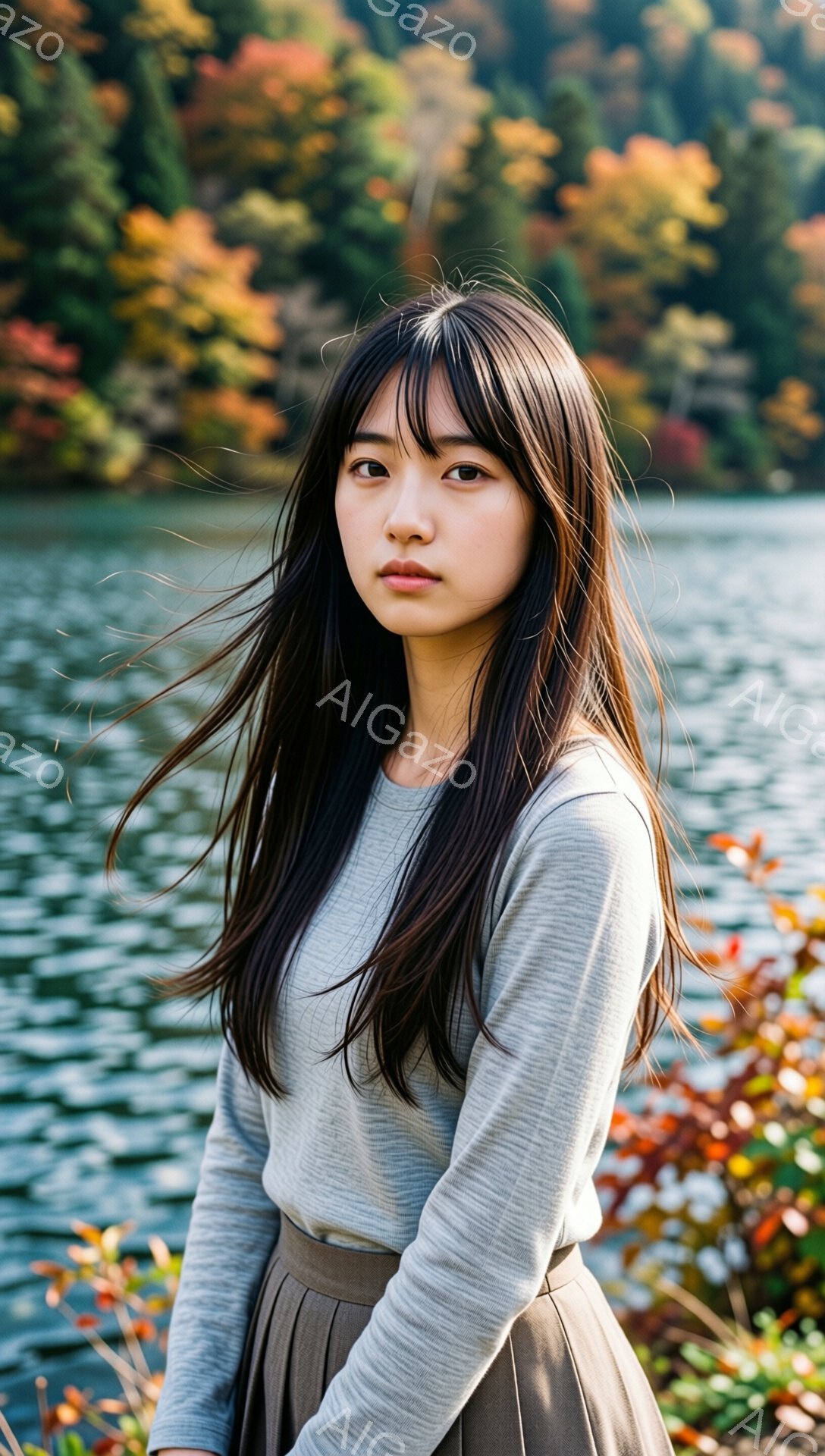長い黒髪で、前髪が眉毛にかかるようにカットされた若い女性が写っている。グレーの長袖シャツと茶色のスカートを着ており、やや横を向いて少し憂いを帯びた表情をしている。背景には、秋の紅葉の木々と湖が広がり、 - AI生成フリー素材