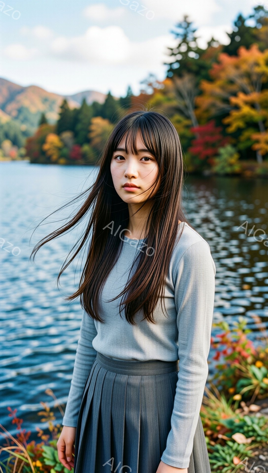 長い黒髪をなびかせた若い女性が、水面が輝く湖のそばに立っている。彼女はグレーの長袖シャツとダークグレーのプリーツスカートを着用し、少し憂いを帯びた表情で正面を見つめている。背景には、秋の紅葉に染まった山々と、晴れた空が広がり、穏やかで物憂げな雰囲気を醸し出している。