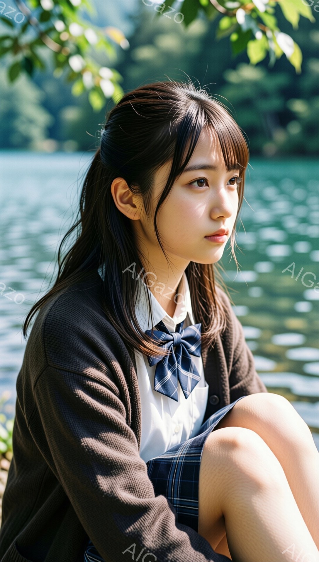 茶髪の少女が、制服姿で膝を抱えて座っている。彼女は白いシャツにチェックのネクタイ、茶色のカーディガン、チェックのスカートを身に着けており、少し憂いを帯びた表情で遠くを見つめている。背景には緑豊かな自然 - AI生成フリー素材