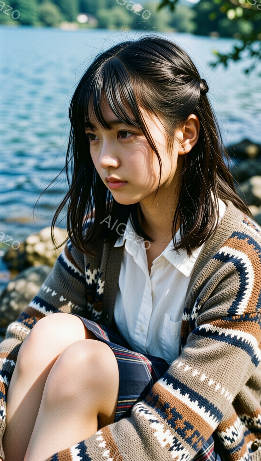 若い女性が岩の上に膝を抱えて座っており、少し憂いを帯びた表情をしている。彼女は白のシャツに、茶色と紺色の幾何学模様のカーディガン、チェック柄のスカートを着用し、ダークブラウンの長い髪は肩にかかっている。背景には青い湖が広がり、緑豊かな自然が穏やかな雰囲気を醸し出している。
