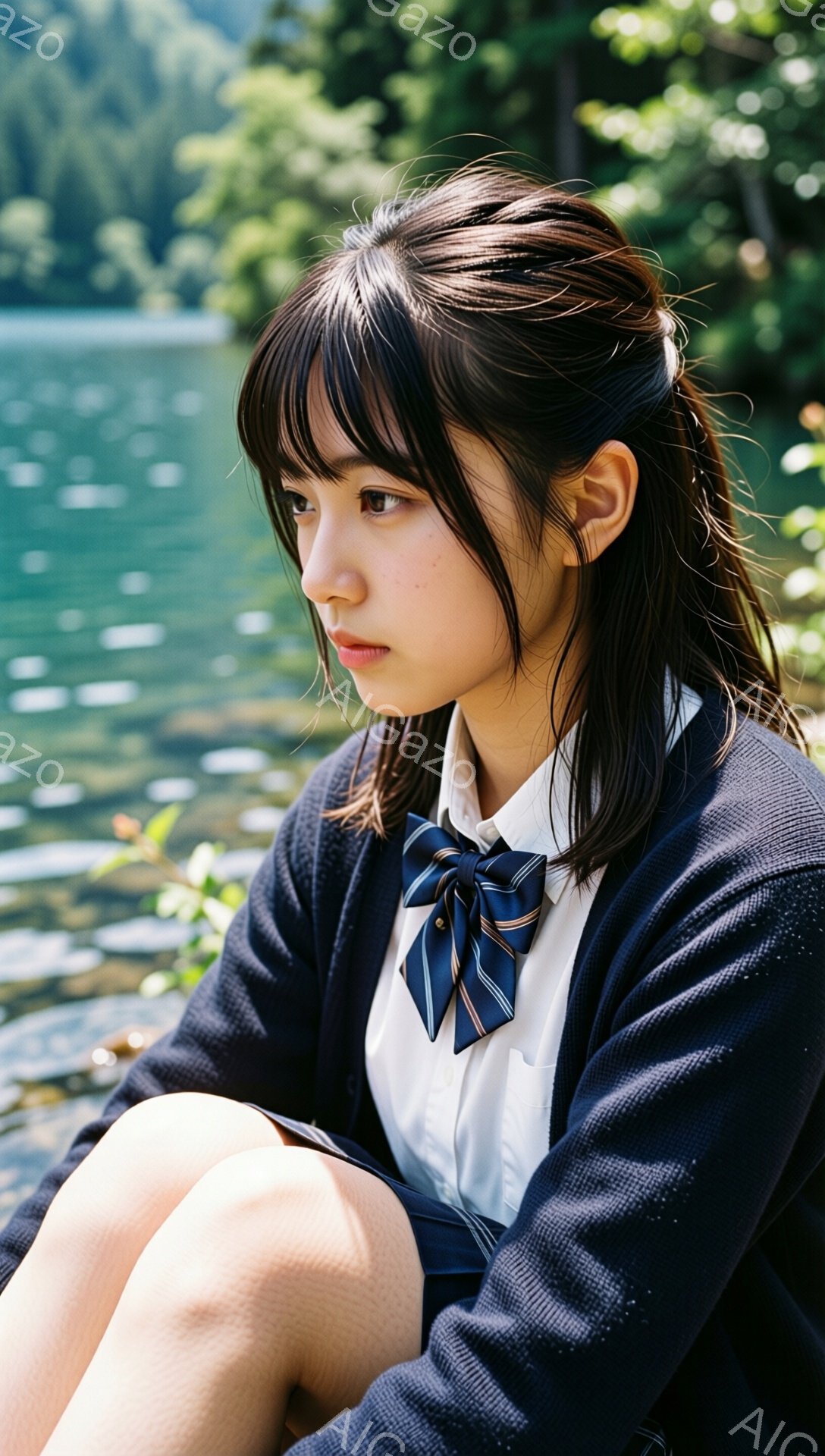 画像は、制服を着た若い女性が写っている。彼女は濃い青色のカーディガン、白いシャツにネクタイ、紺色のスカートを着用し、膝を抱えて座っている。背景には緑豊かな木々と、太陽光が反射する穏やかな湖が広がり、全体的に静かで思慮深い雰囲気が漂っている。