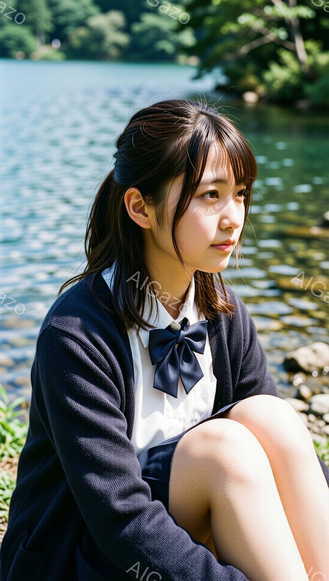 画像は、制服を着た若い女性が、湖の近くの草の上に座っている様子を捉えています。彼女は濃い紺色のカーディガン、白いシャツに黒いリボン、プリーツスカートを着用し、少し上目遣いで物憂げな表情をしています。背景には緑豊かな自然が広がり、水面は穏やかに光を反射しており、全体的に静かで落ち着いた雰囲気です。