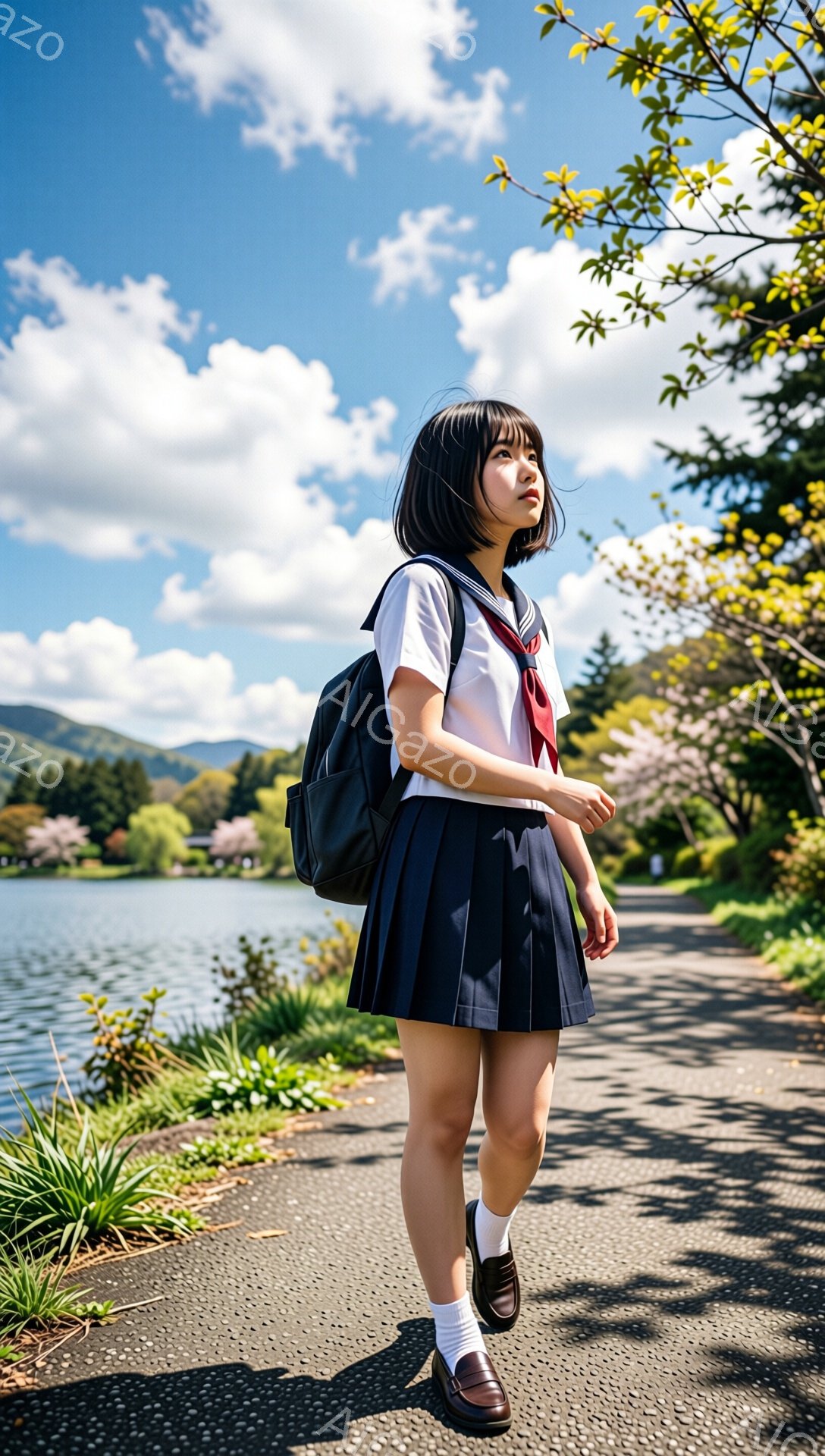 セーラー服姿の若い女性が、湖のほとりの道を歩いている。彼女は黒髪のショートボブで、少し上目遣いをしている。背景には青い空と緑豊かな山々、そして桜の木々が見え、春の穏やかな雰囲気が漂っている。