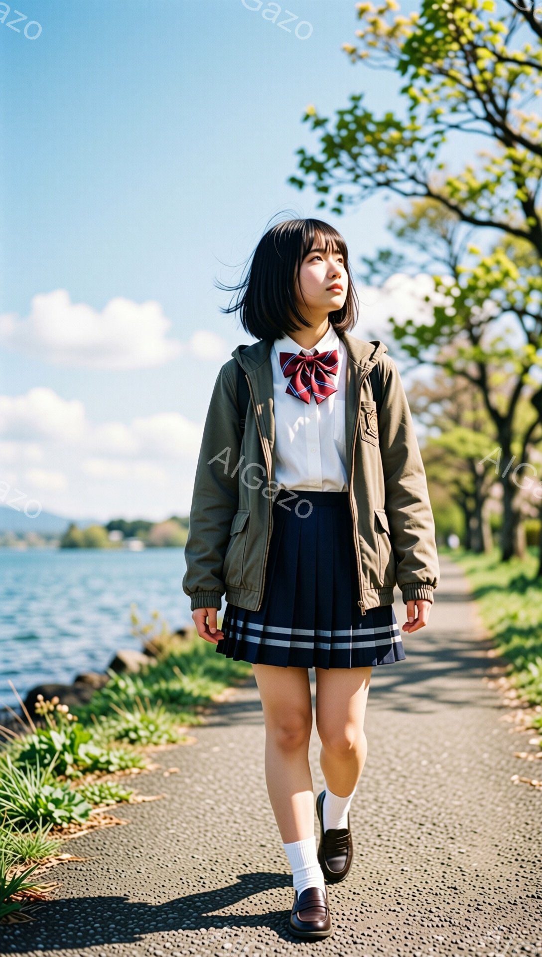 学生服姿の若い女性が、湖の近くの遊歩道を歩いている。紺色のスカートと白いシャツに、緑色のジャケットを羽織り、赤いリボンを結んだヘアスタイルが特徴的だ。背景には湖と緑豊かな木々が広がり、晴天の下、爽やかな雰囲気を醸し出している。