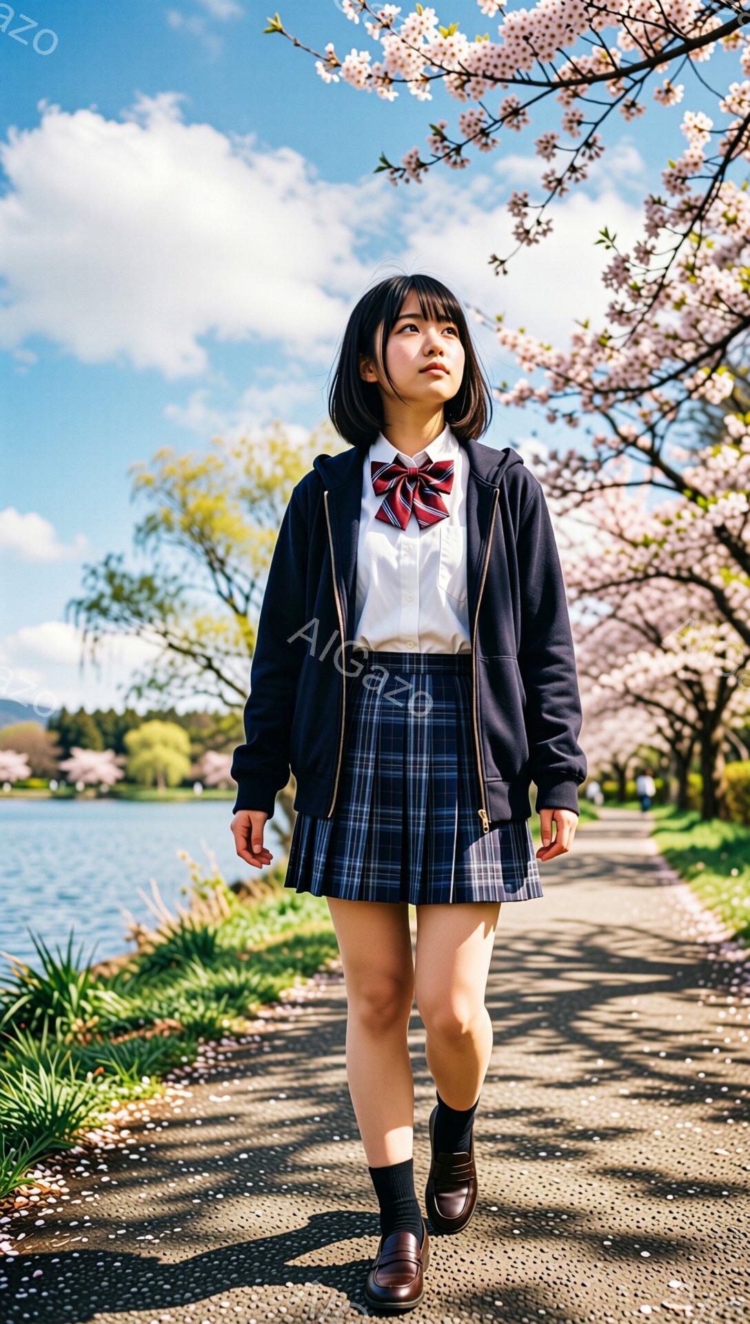 画像には、紺色のブレザーとチェック柄のプリーツスカート、白いシャツに赤いリボンを締めた女子高生が写っている。彼女は前を見据え、少し微笑みながら歩いている。背景には桜並木と湖が広がり、晴天の下で穏やかな春の雰囲気が漂っている。