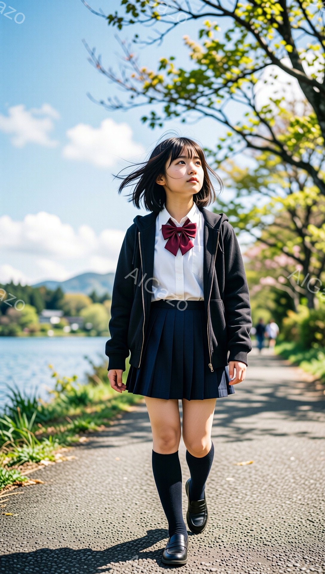 画像には、制服を着た若い女性が写っています。彼女は白いシャツに黒いスカート、そして黒いカーディガンを羽織り、赤いリボンを首に巻いています。彼女はアスファルトの道の上を歩いていて、少し上を見ている表情は、どこか希望に満ちています。