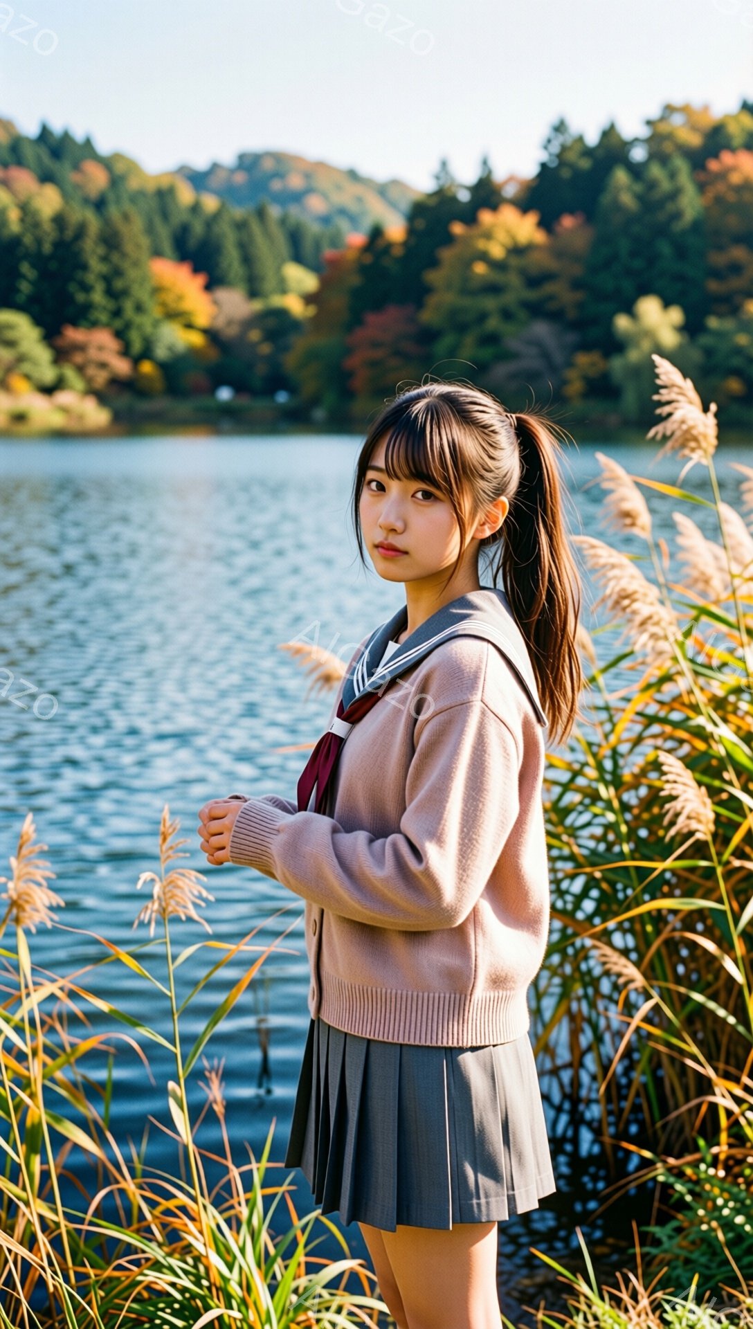 長い髪をポニーテールにし、薄いピンク色のカーディガンとグレーのプリーツスカートを着た若い女性が立っている。彼女はわずかに微笑んでおり、穏やかな表情をしている。背景には、水面が輝く湖と、秋の紅葉で色づい - AI生成フリー素材