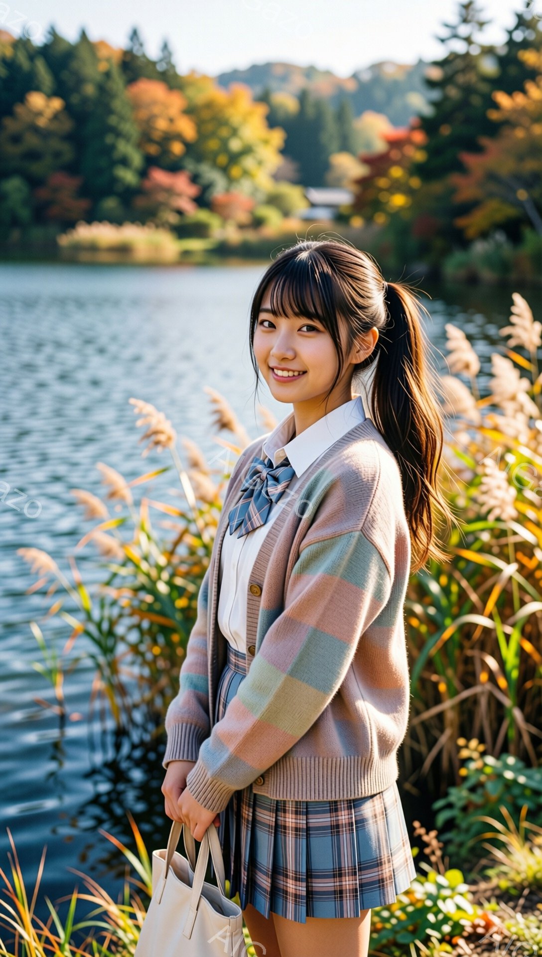 長い茶色の髪をポニーテールにした若い女性が、湖のほとりに立っています。彼女は白いシャツに、チェック柄のカーディガンとスカートを着用しており、明るい笑顔を浮かべています。背景には紅葉した木々と穏やかな湖 - AI生成フリー素材
