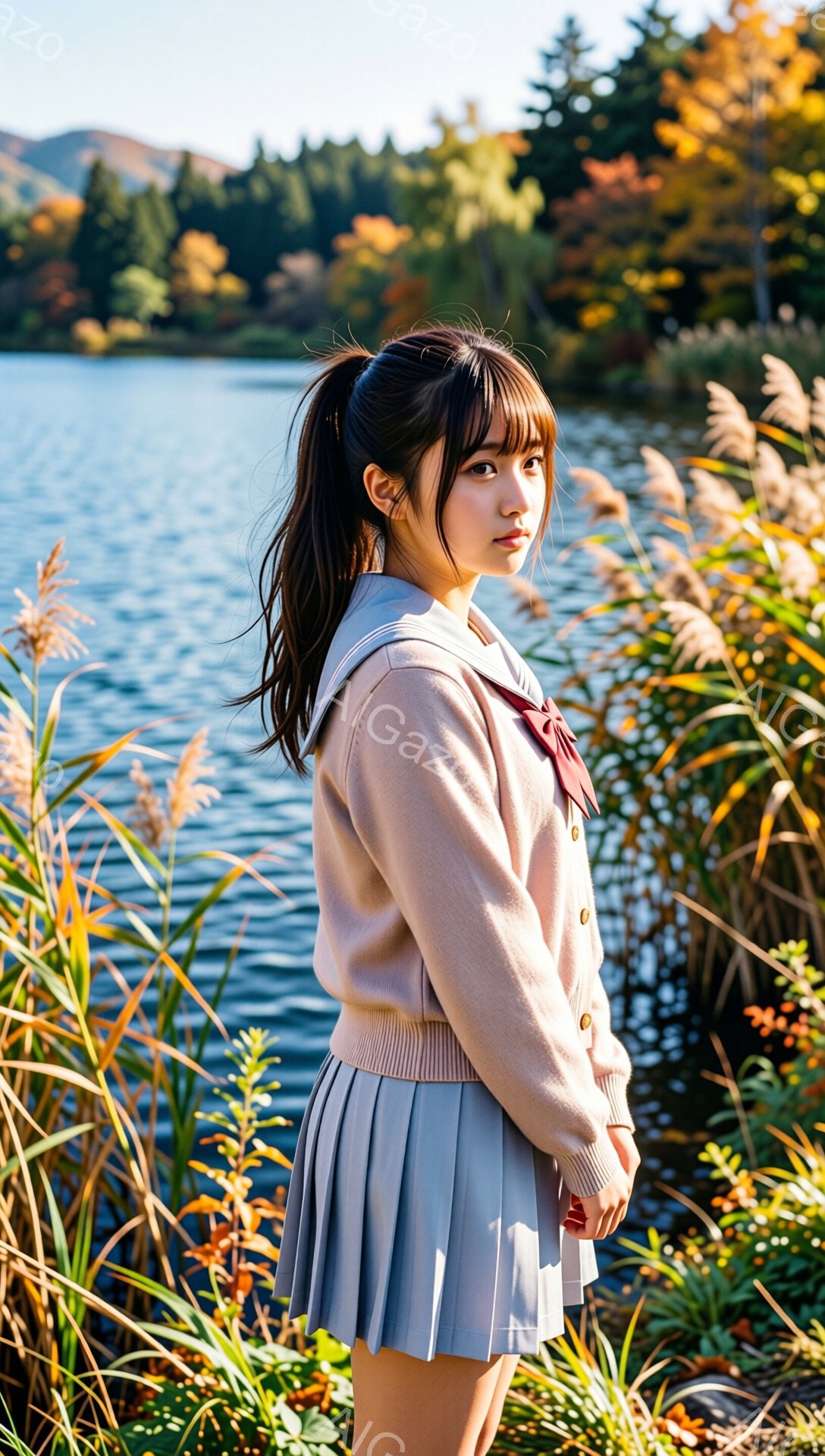 長い黒髪をポニーテールにした少女が、湖のほとりに立っている。ベージュのカーディガンとグレーのプリーツスカートという制服姿で、少し微笑んでいる。背景には秋の紅葉が広がり、穏やかな湖面と青空が広がっている。