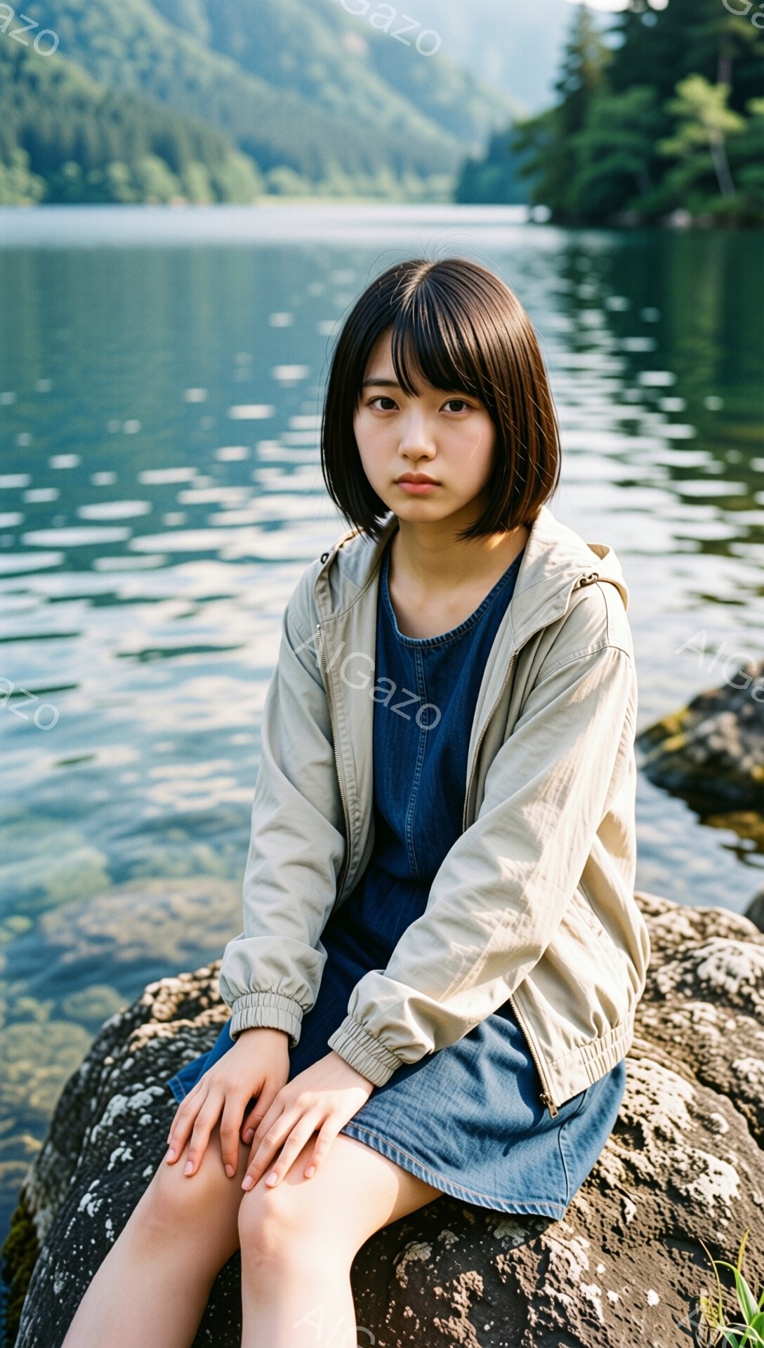 ショートカットの黒髪で、前髪ぱっつんの女性が写っている。濃い青色のワンピースの上にベージュ色のウィンドブレーカーを着て、岩の上に膝を抱えて座っている。背景には緑豊かな山々と、水面に光が反射する湖が広がっており、穏やかで少し寂しげな雰囲気が漂う。