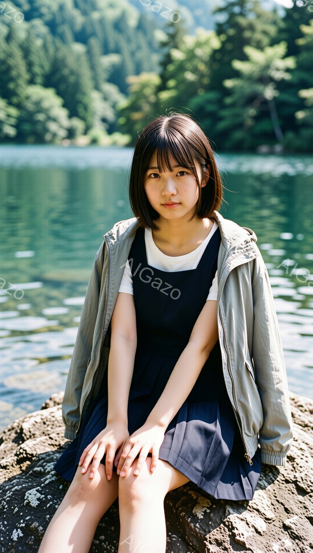 若い女性が岩の上に座っており、膝を揃えて少し内側に曲げた姿勢をとっています。彼女は白いインナーに濃い青色のスカート、そして薄い灰色のジャケットを羽織っており、ダークブラウンのショートボブヘアで、前髪が目に少しかかっています。背景には緑豊かな森林と穏やかな湖が広がり、晴れた日の穏やかな雰囲気を感じさせます。