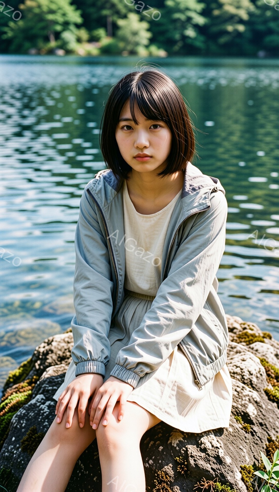 若い女性が岩の上に座っており、膝を揃えて少し内側に曲げたポーズをとっています。ベージュ色のウィンドブレーカーと白いワンピースを着ており、黒髪のショートボブヘアで、少し憂いを帯びた表情をしています。背景には緑豊かな森林と穏やかな湖が広がり、全体的に静かで物憂げな雰囲気を醸し出しています。