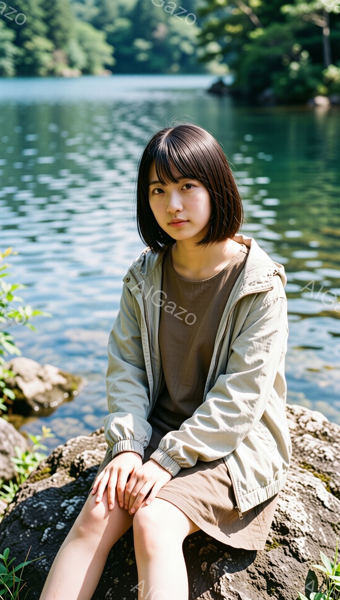 若い女性が岩の上に座っており、ベージュ色のジャケットと茶色のワンピースを着ています。彼女は短い黒髪で、穏やかな表情をしており、視線はカメラの方を向いています。背景には緑豊かな森林と穏やかな湖が広がって - AI生成フリー素材